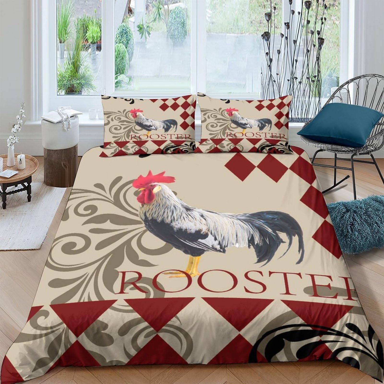 Ctjqhvkz Style-5 3D Printed Rooster Farmhouse Fitted Sheet Microfiber Anti-Slip Red Black Decor Bed Cover For Bedroom Guest Room Single（135X200cm）