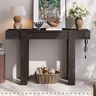 Rustic Minimalist Console Table with Side Power Outlet & Hidden Drawer, Wood Hallway Sofa Table with 2 AC Sockets 2 USB Ports 1 Type-C Port Charging Station (Espresso)