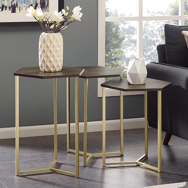URBNLIVING Set of 3 Modern Wood & Metal Nesting Side Table Hexagonal Coffee Table Metal Frame (Dark Walnut & Gold)