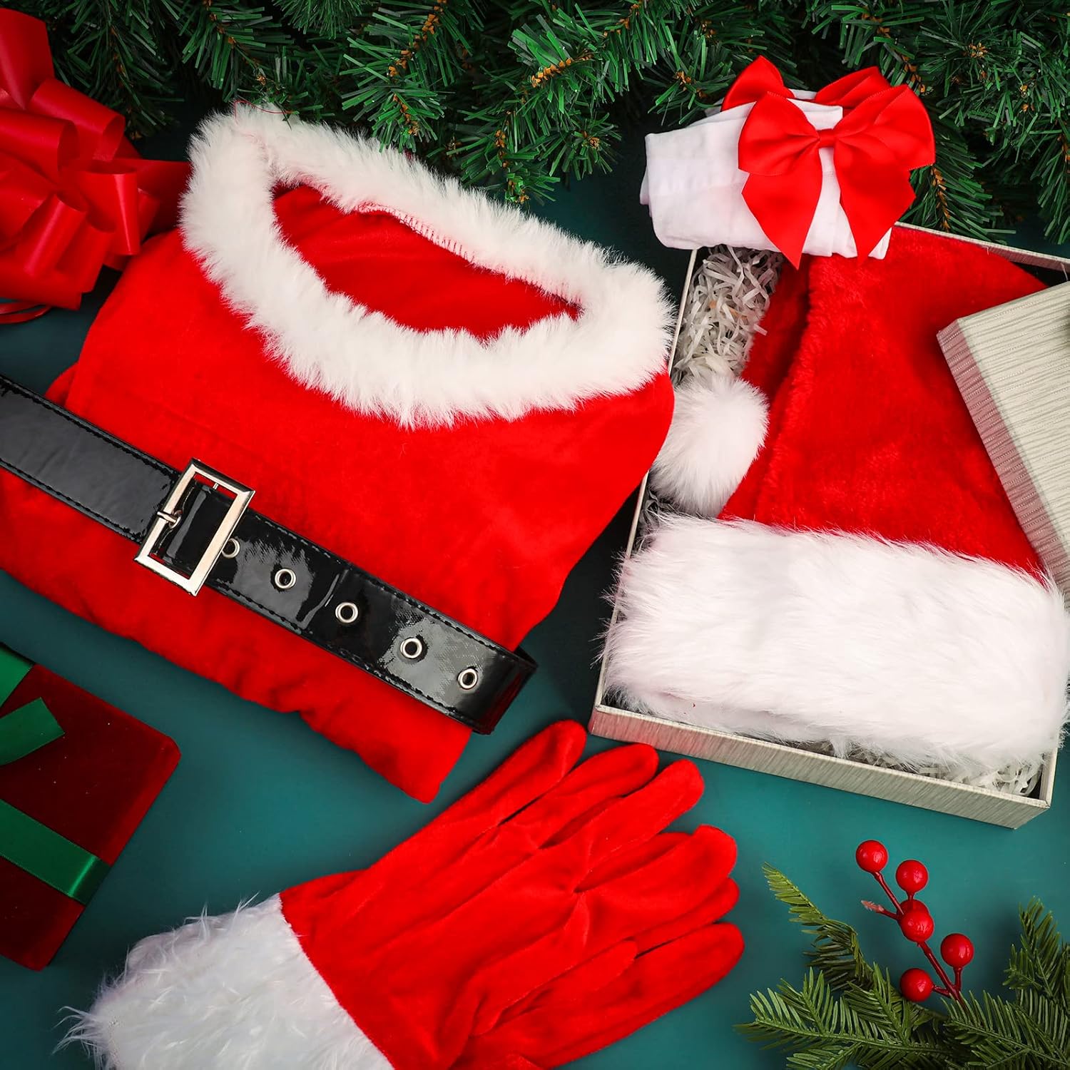 Janmercy 5 Pcs Mrs Santa Costume Women Santa Outfits Velvet Santa Dress with Belt Hat Gloves High Socks for Xmas Cosplay(Medium) - Image 3