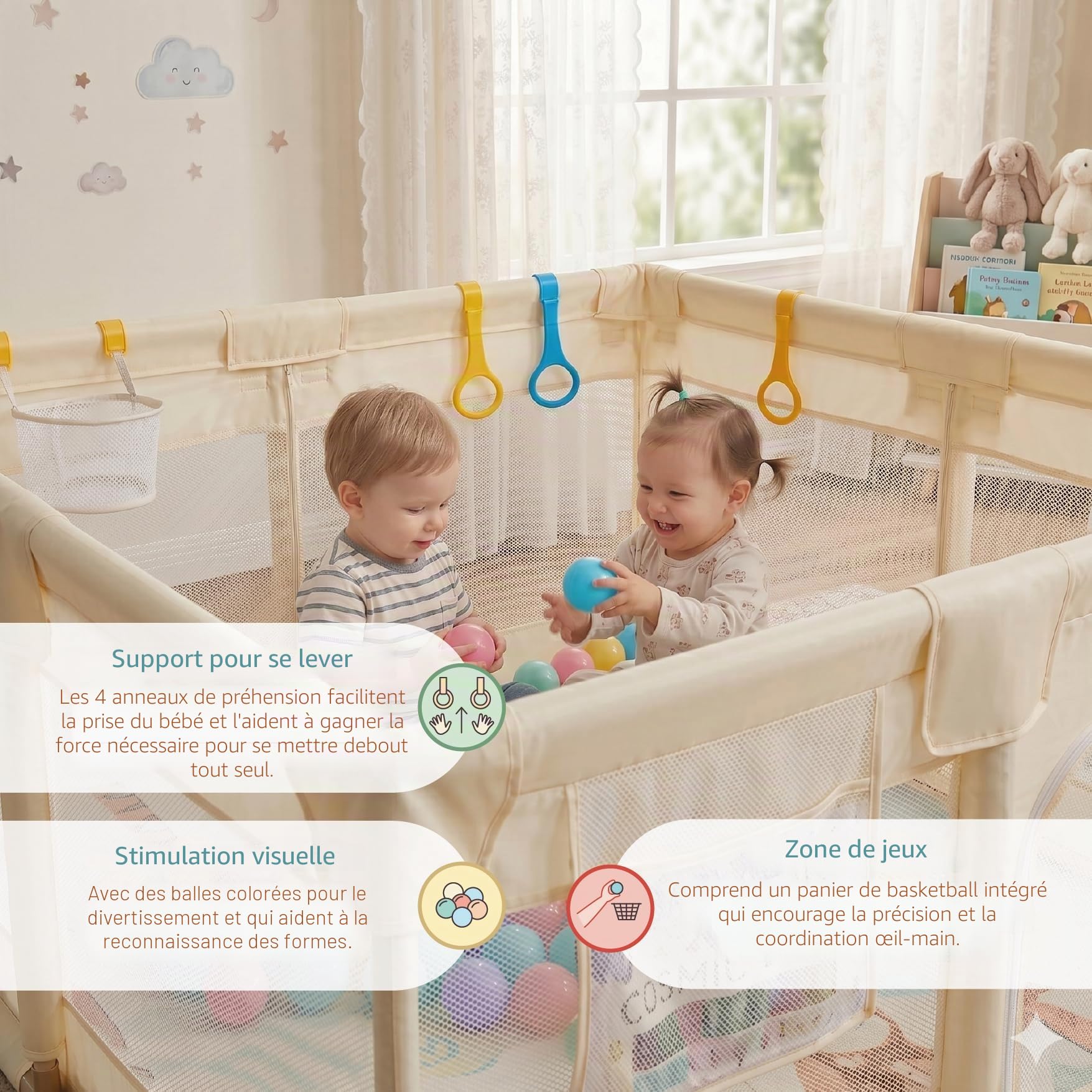Buddy Baby Park - Parc Enfant Bébé 120x120cm + Tapis + Poignées + Panier + Boules – Parc de Jeu Bébé avec Maille Respirante – Parc de Jeux Bébé Pliable avec Porte Latérale (Vanille)