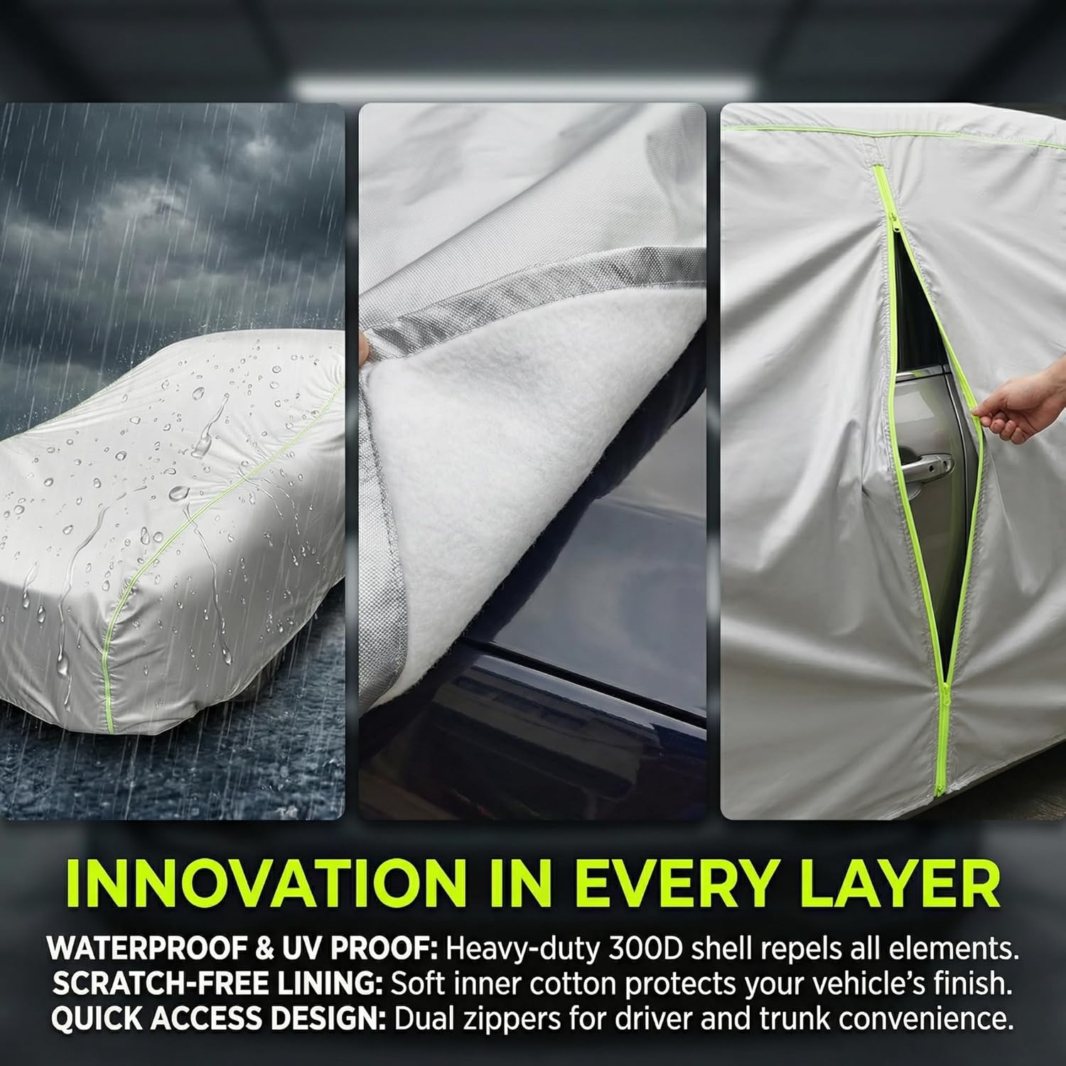 J&J Heavy Duty car Cover,300D&Soft Lining,Driver&Trunk Zipper,Withstand Wind,Car Cover Waterproof All Weather,Protect Vehicle Painting,Car Covers for Automobiles (Coupe/Cabrio, Silver-B1)