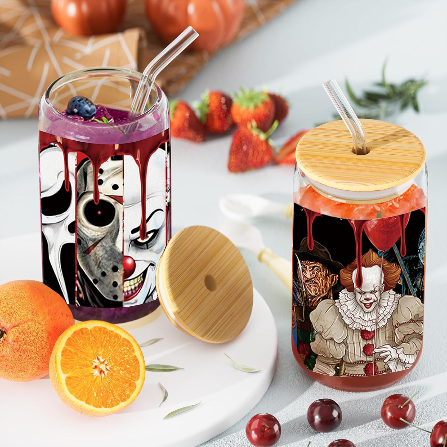 8 Sheets UV DTF Cup Wraps Sticker, Halloween Scary Movie Characters Rub on Transfers for Glass 16 oz, Creative Festival Decoration, No Heat Needed Ready to Apply