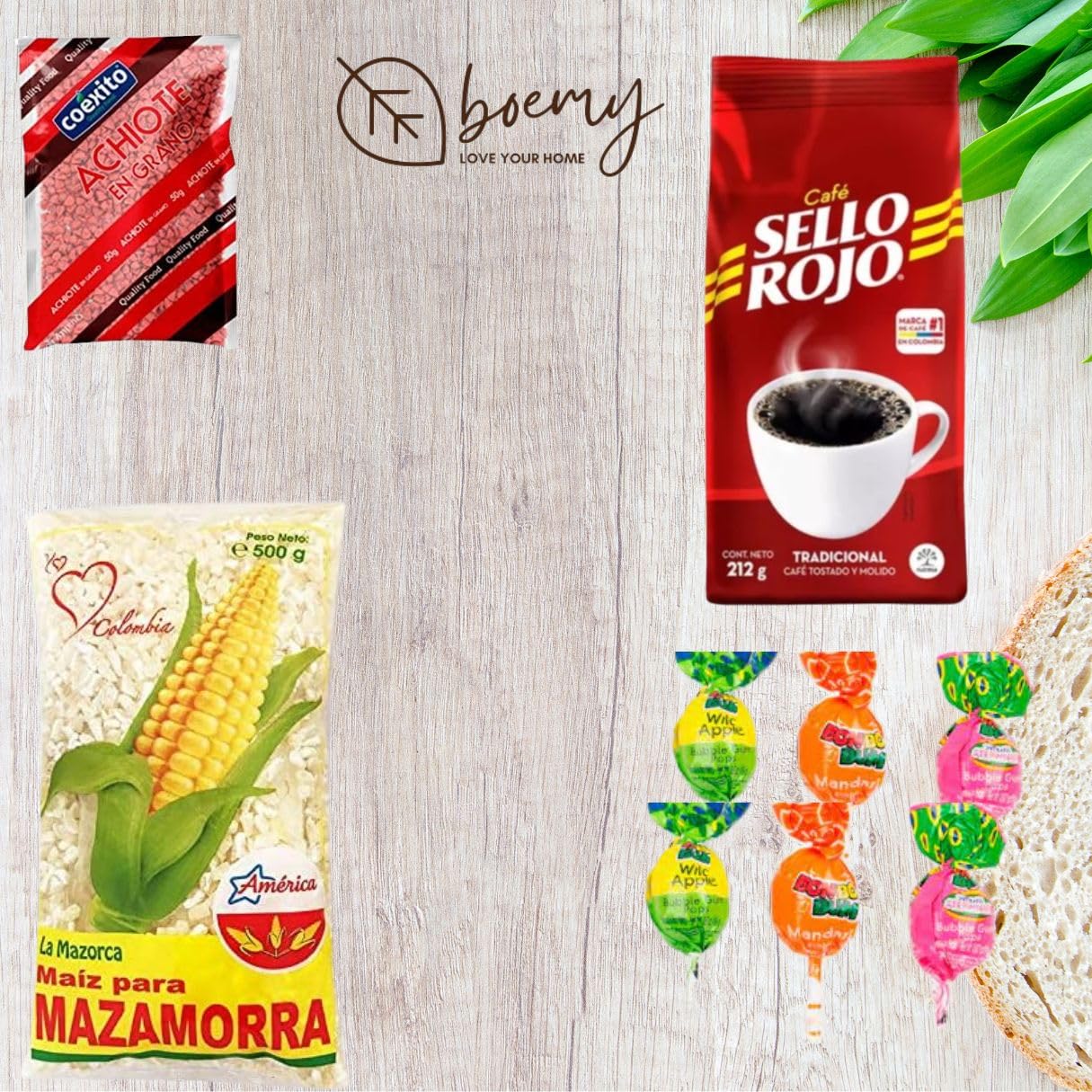 Set Degustación PREMIUM de Comida y Bebidas Colombianas | Productos y Alimentos de Colombia | Café Sello Rojo, 6 Chupetas BonBonBum sabores Surtidos, Maiz de Mazamorra y Achiote en grano de 50 gr.
