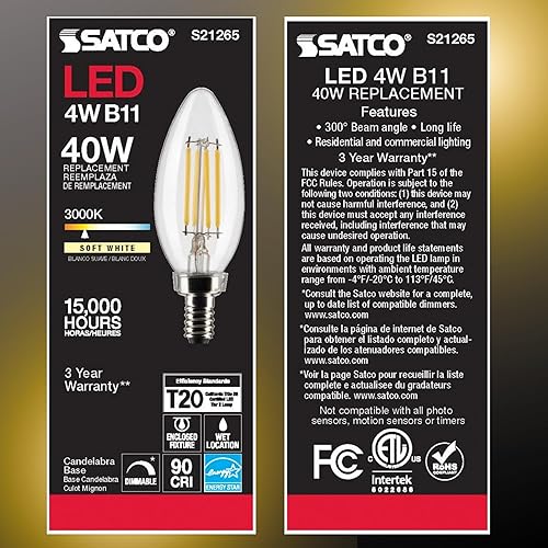 Miniatura 2 de Satco S21265 - Bombilla LED B11 de 4 W, 3000 K (2 bombillas)