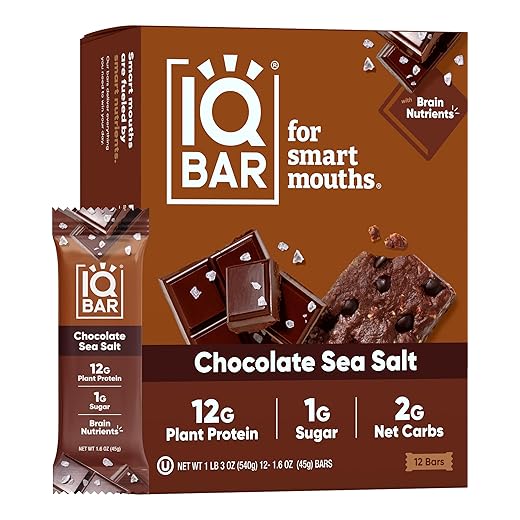 IQBAR Brain and Body Plant Protein Bars - Chocolate Sea Salt - 12-Count Low Carb - Gluten Free, High Fiber, Vegan Snacks - Low Sugar Meal Replacement