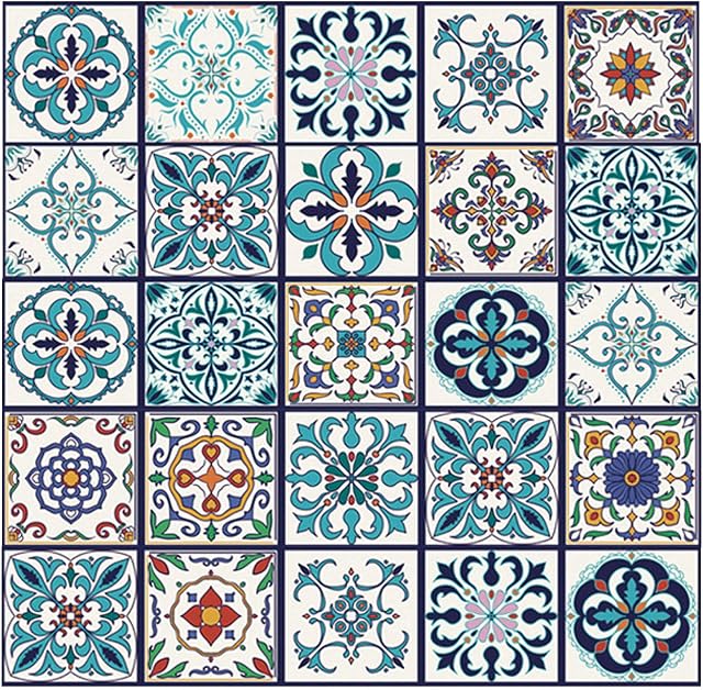 25pc Tile Stickers,Retro Traditional Wall Tile Transfers Stickers Self-Adhesive Peel and Stick Waterproof Kitchen Bathroom DIY Backsplash (6x6in,15x15cm)