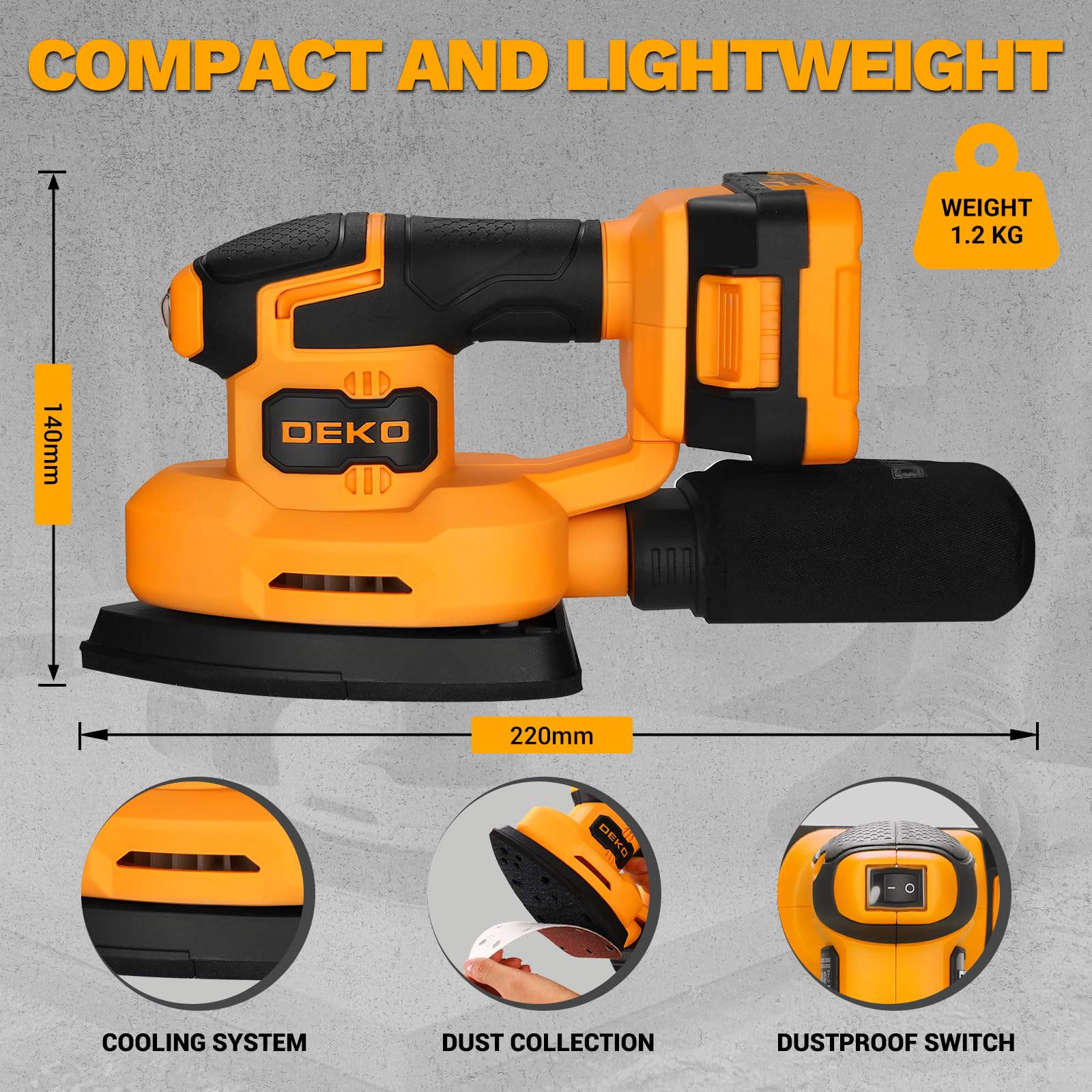 Levigatrice Mouse per Legno: DEKOPRO 20V Multifunzione Levigatrice Palmare con Batteria 13000 RPM, 3 Accessori Aggiuntivi 12PCS Carte Vetrata - per Levigare in Falegnameria e DIY Giallo e Nero