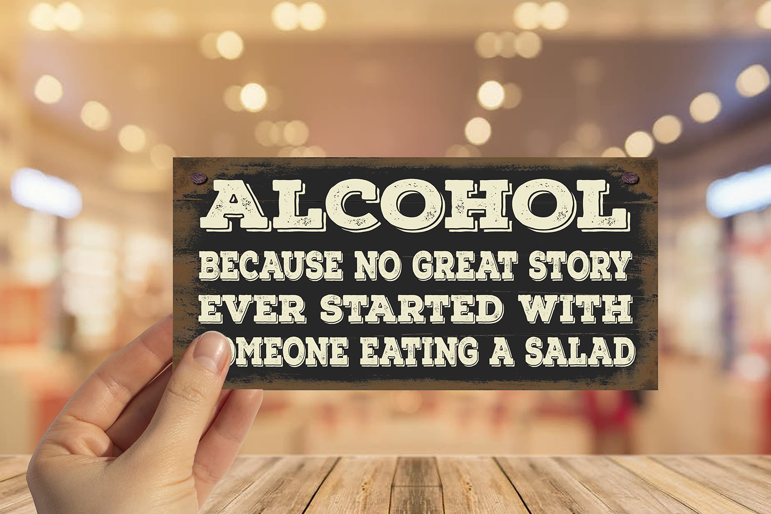 Wooden Funny Sign Wall Plaque Alcohol Because No Great Story Ever Started With Someone Eating A Salad, Black - Image 3