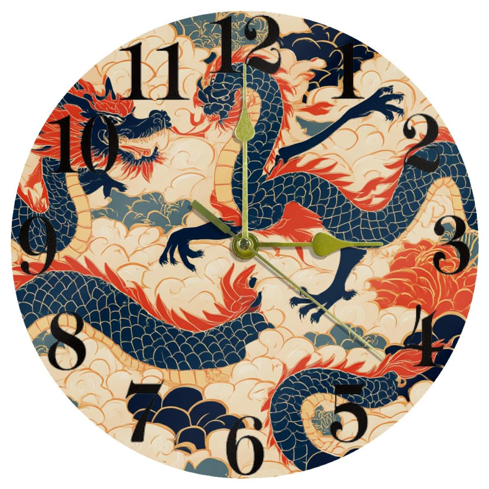 Horloge murale ronde quartz silencieuse sans tic-tac, motifs dragons bleus pour maison et école