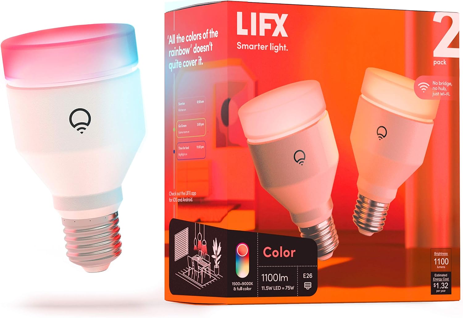 Smart Light Bulbs A19, RGB Color Changing, Matter, 75W 1100LM, 2 Pack | Compatible with Alexa, Apple Homekit, Google, WiFi 2.4GHz, Dimmable E26, tunable white 1500-9000K, for bedroom, mood lighting