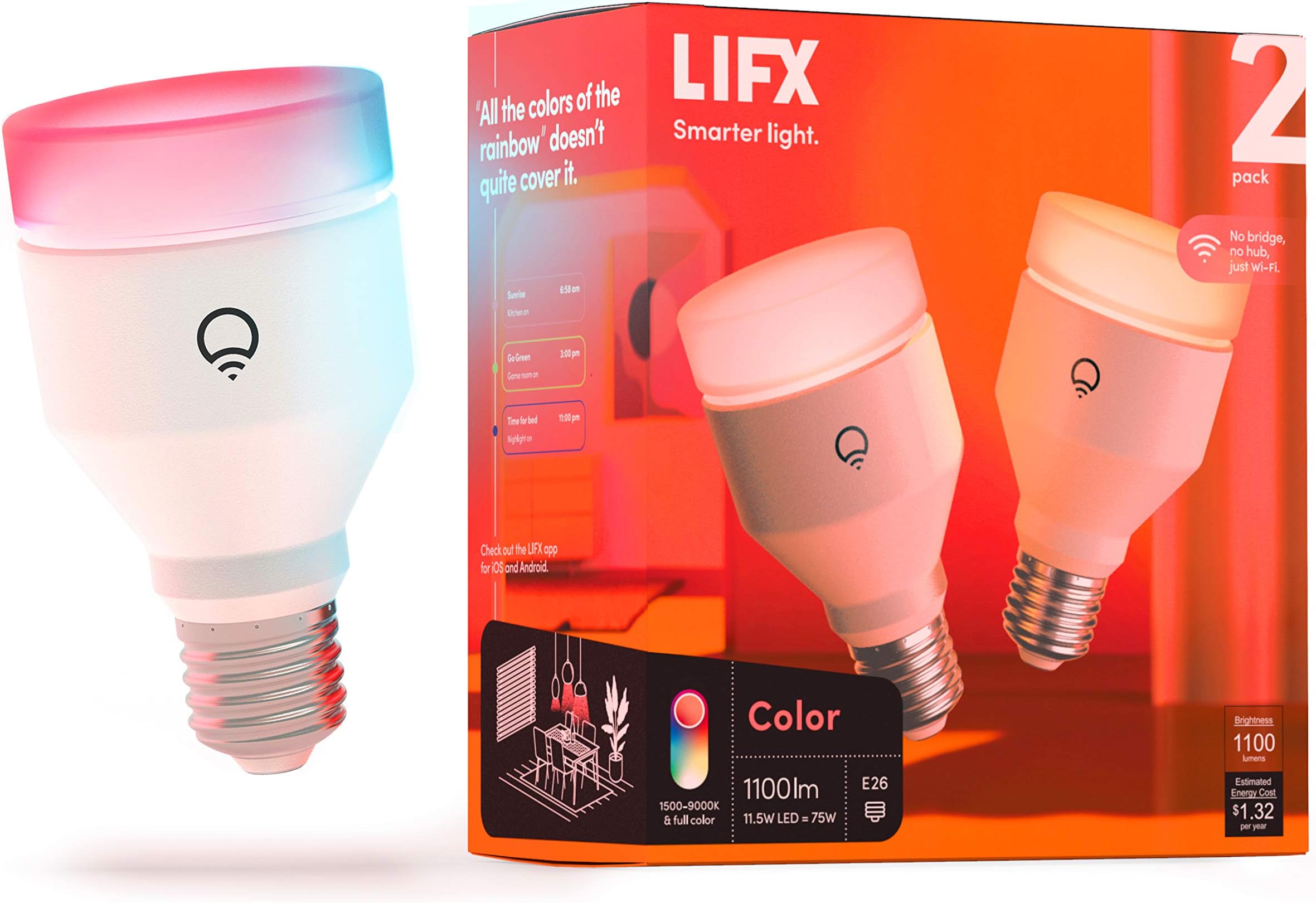 Color, A19 1100 Lumens, Wi-Fi Smart Led Light Bulb, Billions Of Colors And Whites, No Bridge Required, Works With Alexa, Hey Google, Homekit And Siri Multicolor (2 Pack)
