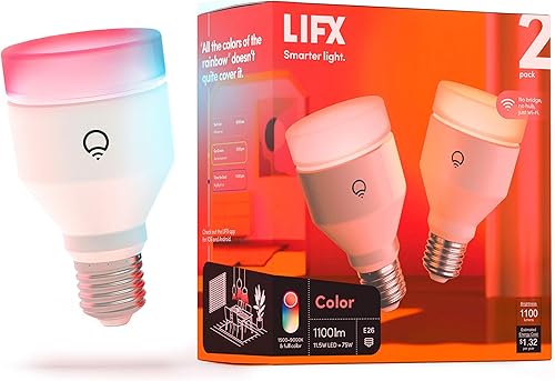 LIFX color, A19 1100 lúmenes, bombilla LED inteligente Wi-Fi, miles de millones de colores y blancos, no requiere puente, funciona con Alexa, Hey