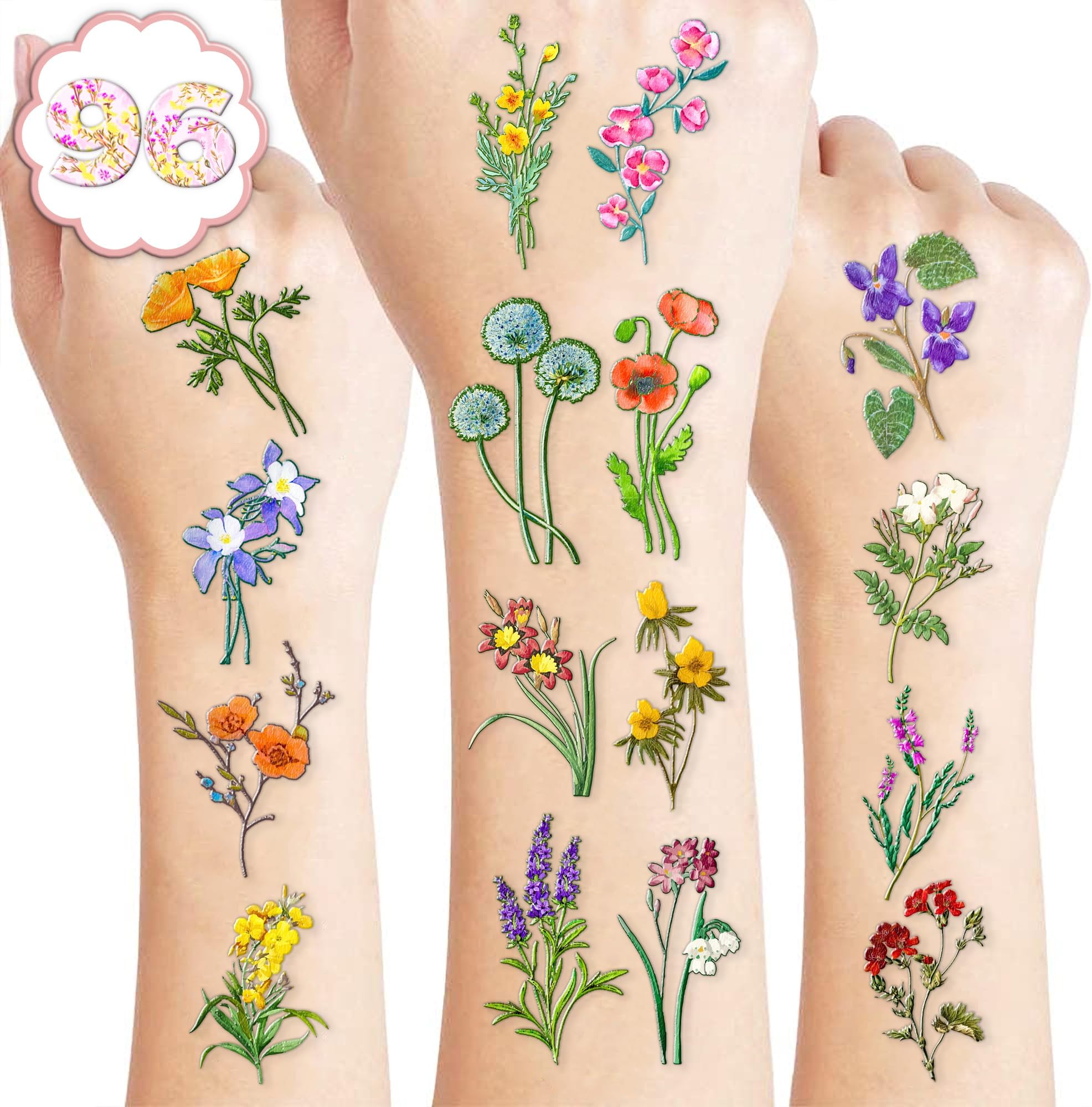 Amazon.com : 96 PCS Small Wildflower Floral Pre–Cut Temporary Tattoos ...