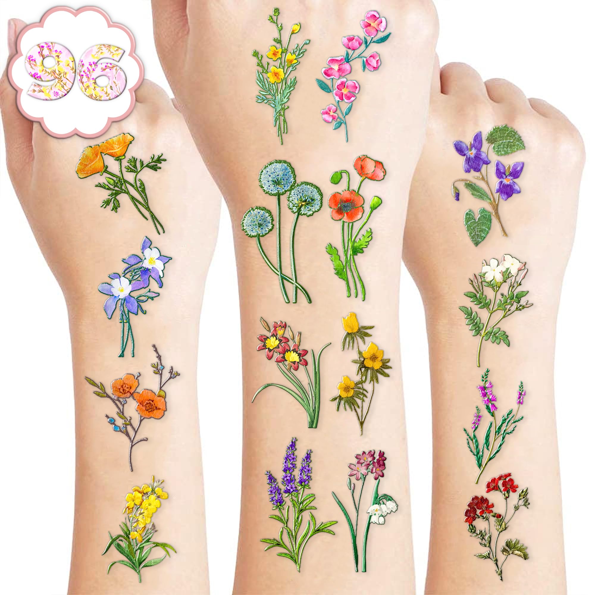 96 PCS Small Wildflower Floral Pre–Cut Temporary Tattoos Birthday Party Decorations Supplies Favors Spring Flower Bouquets Decor Stickers Gifts Boys