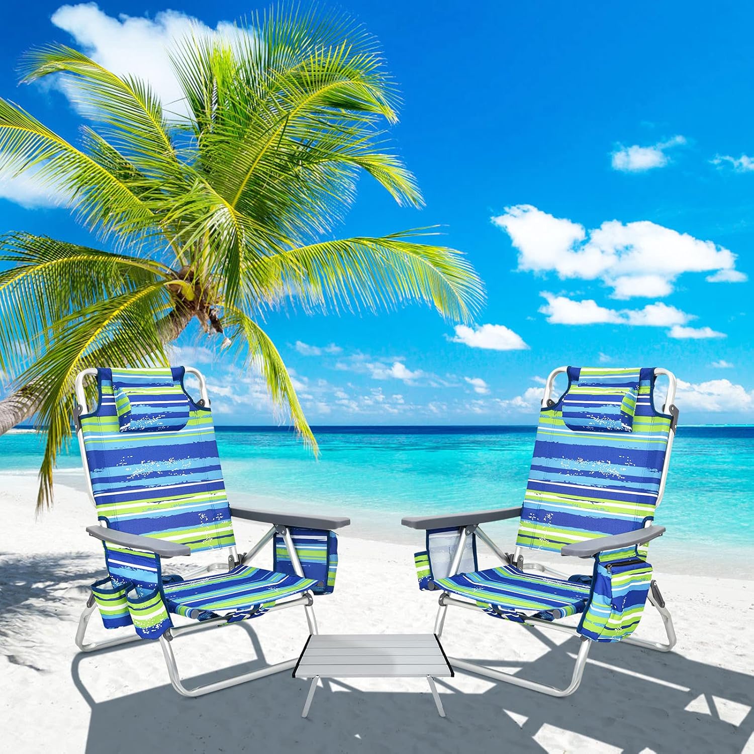 COSTWAY Backpack Beach Chairs Set, 3-Piece Portable Camping Chairs with Cup Holder, Ice Bag, 5-Position Outdoor Reclining Chairs for Adults, Travel, Sunbathing, Support 300 LBS,Blue & Green