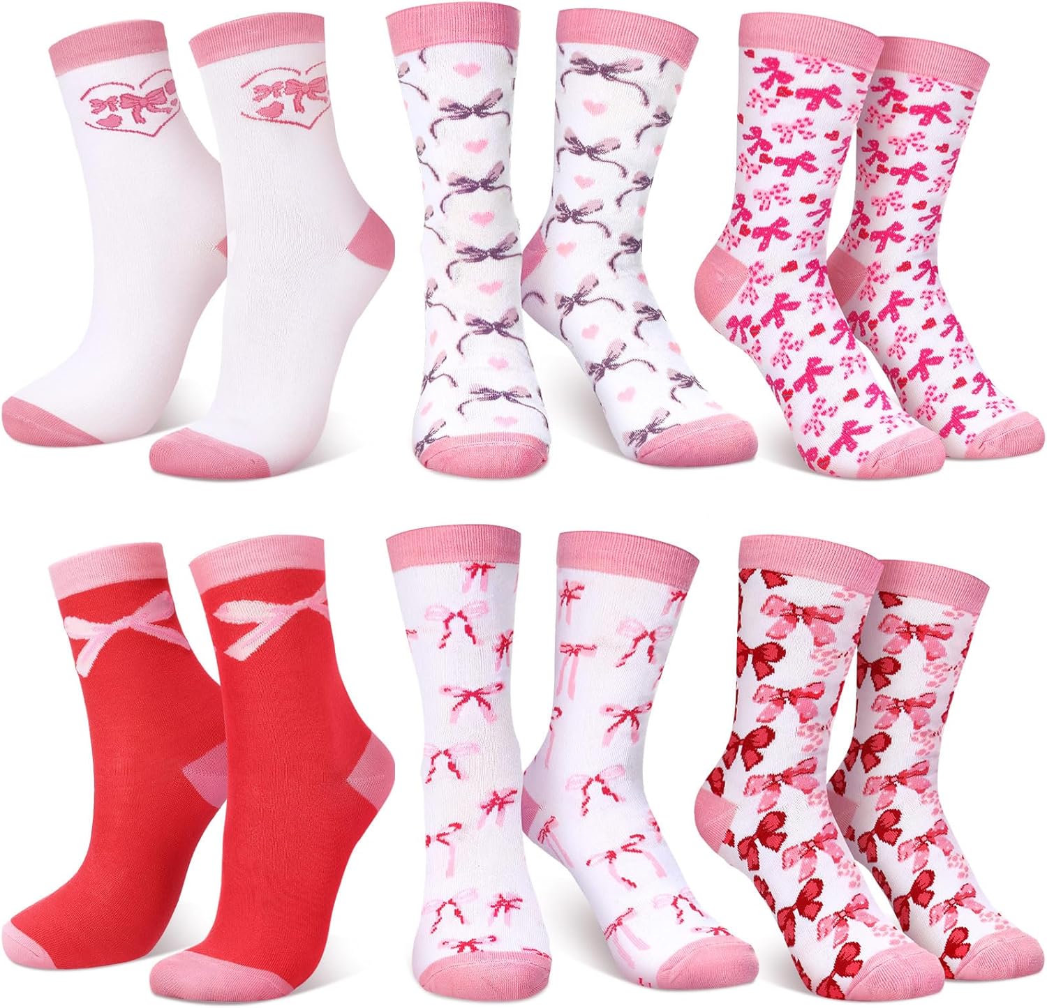 6 Pairs Pink Bow Socks for Women Cute Coquette Crew Socks Women Novelty Gifts Coquette Party Favors for Sister Friend Teacher Mother Nurse Novelty Stocking Us Size 6-12