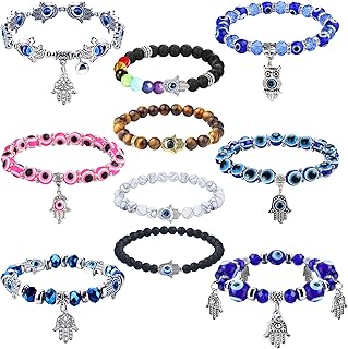 10Pcs Evil Eye Bead Bracelet for Women Men Hamsa Hand Fatima Blue Eye Chakra Beaded Charm Stretch Bracelet Turkish Evil Eye Good Luck Protection Bracelet Evil Eye Jewelry Gift