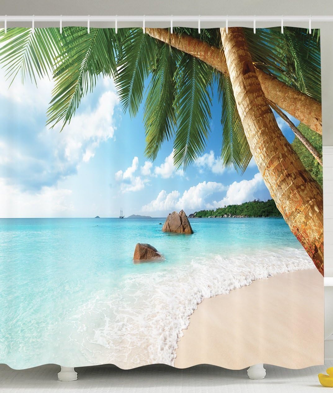 Petg - Palm Trees on Tropical Island Beach Panorama View Print many beautiful Shower Curtain Shower Curtains, High Quality, Waterproof, Anti Mould Remover - 180 x 180 cm