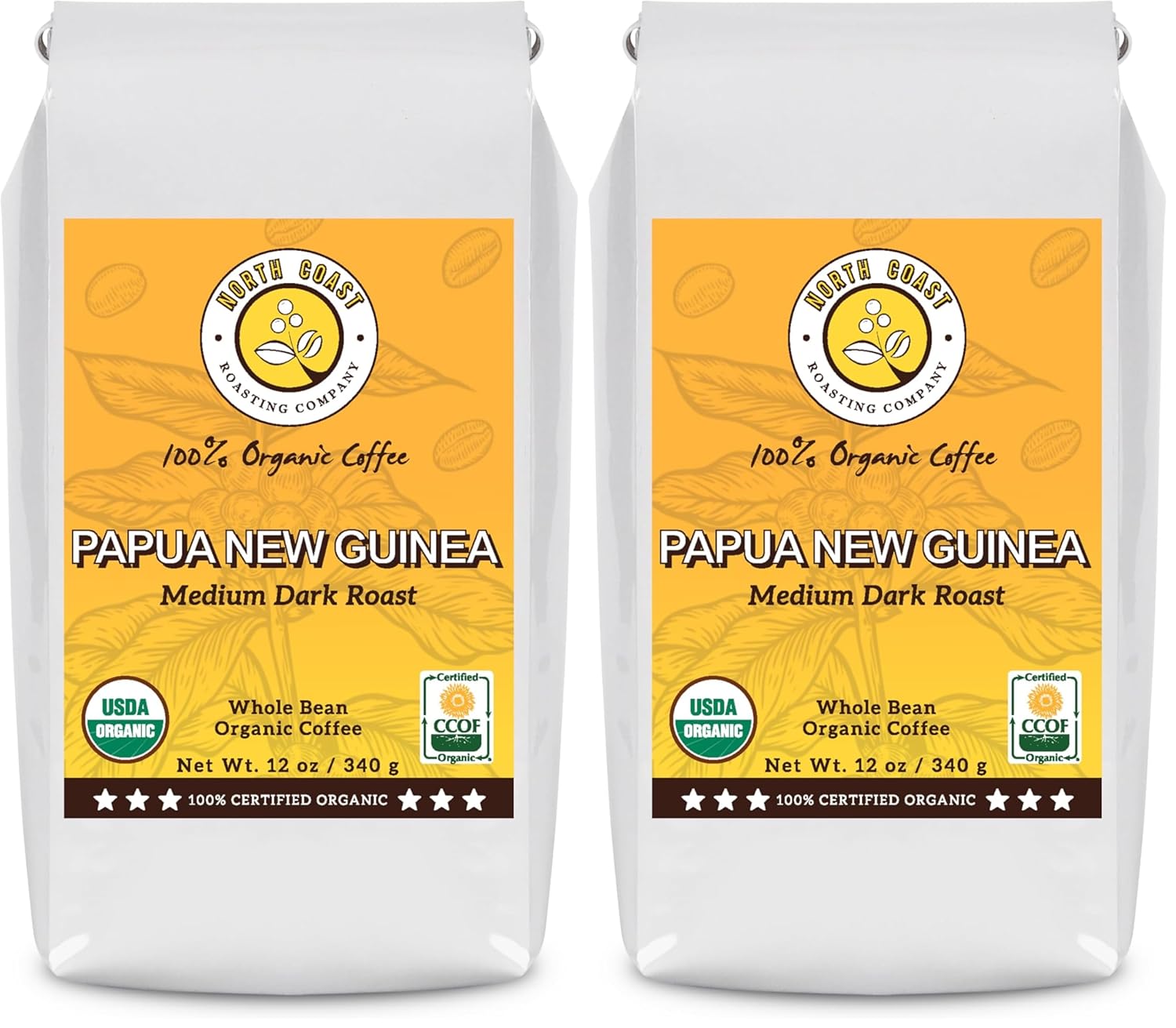 North Coast Roasting Company, Medium Dark Roast, Low Acid Organic Coffee, Whole Bean, Single Origin - Papua New Guinea, USDA Certified Organic Coffee Beans, 12 Ounce Bag (Pack of 2)