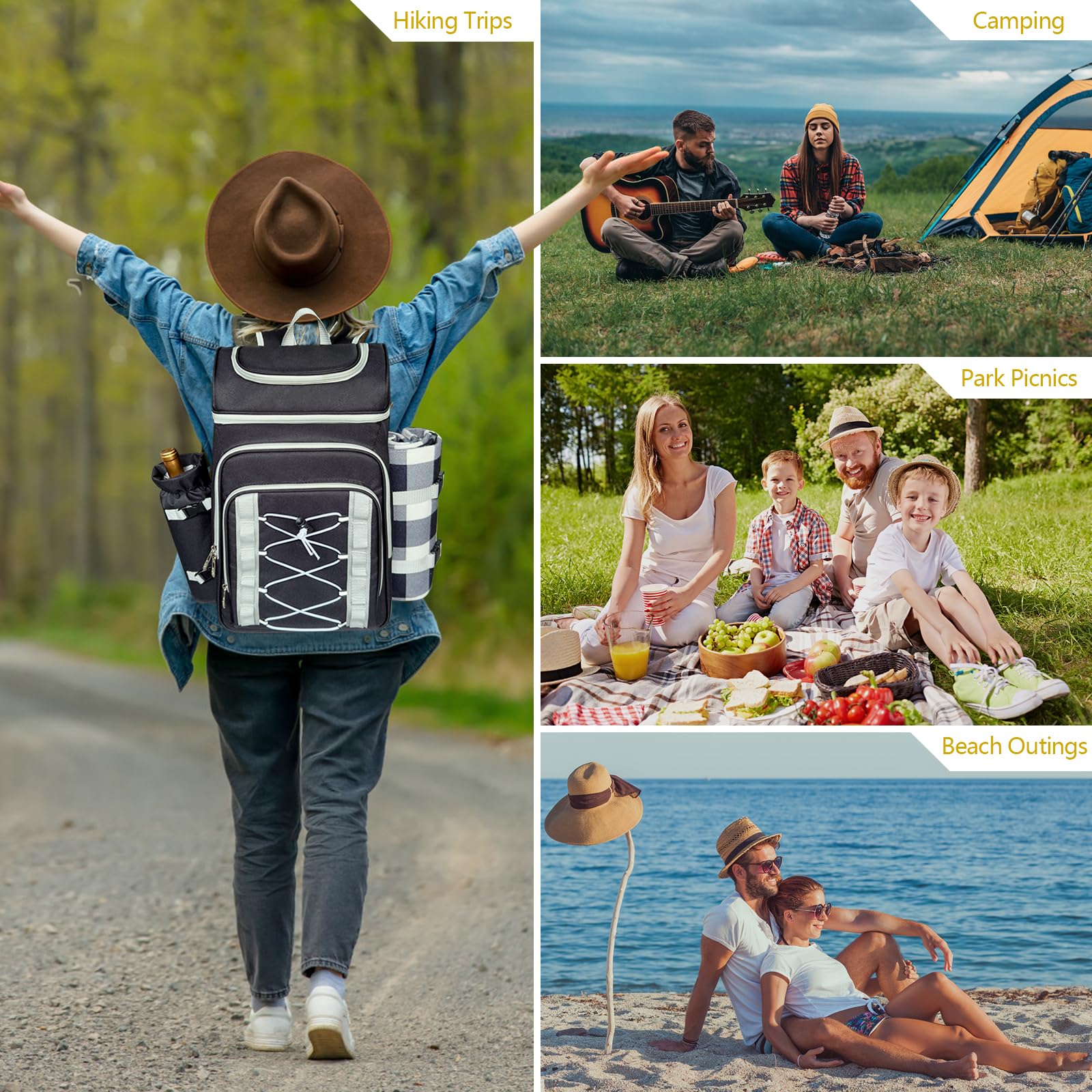 Hap Tim Picknickkorb Rucksack für 4 Personen mit Decke, Isoliertes Auslaufsicheres Kühlfach, Weinhalter, Besteckset, Verlobungsgeschenke für Paare, Weißer Elefant Geschenkideen, Schwarz (36221-DG)