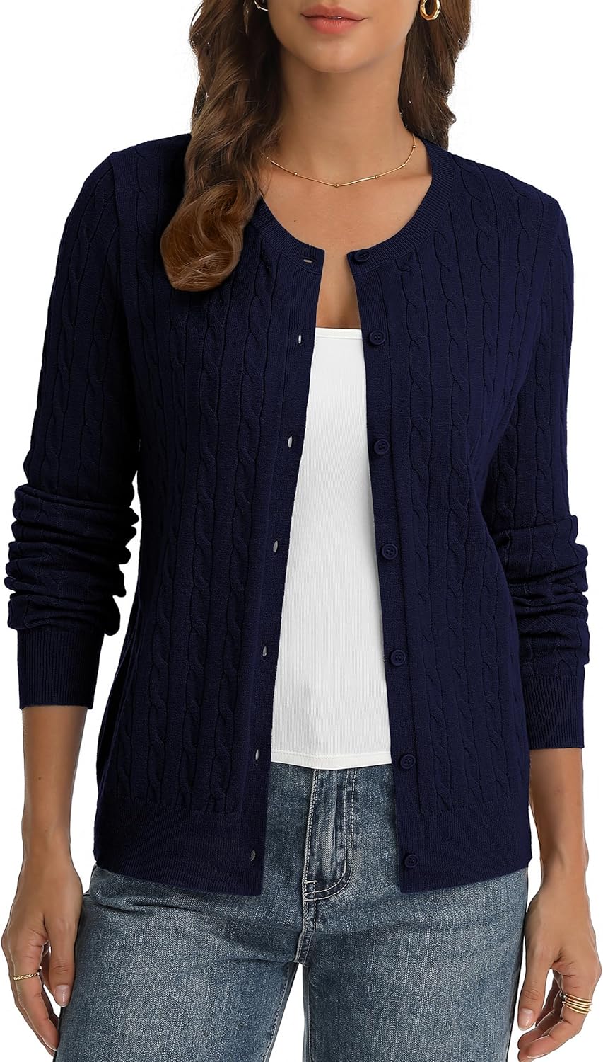 QUALFORT Womens Cable Knit Cardigan Sweaters Long Sleeve Lightweight Crewneck Button Up Sweater 2026 - Image 4
