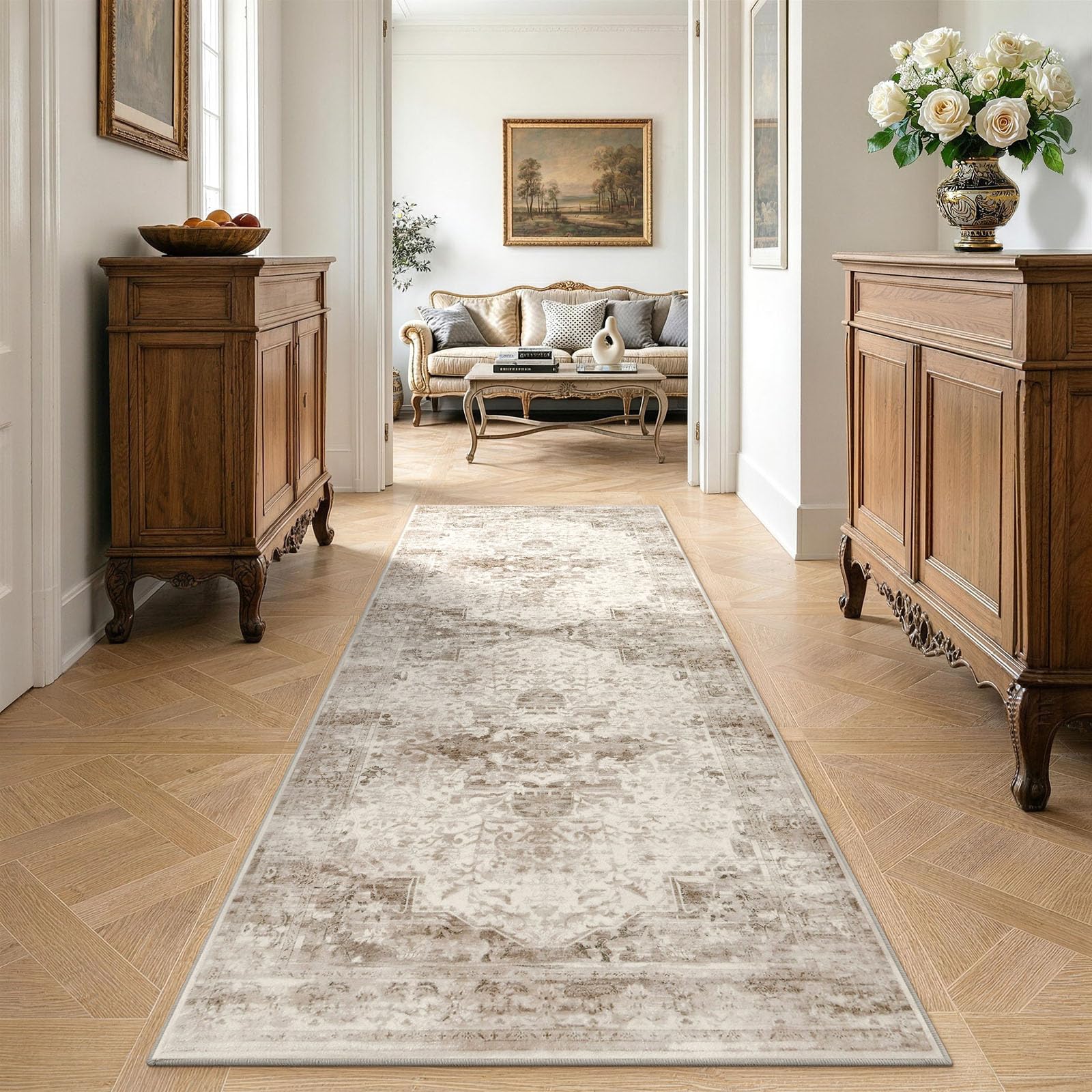 Smiry Retro Vintage Wohnzimmer Teppich Läufer 60 x 240 cm Vintage-Beige | Kuscheliger Kunstwolle Kurzflor Teppiche Läufer, Weich Rutschfest Pflegeleicht, Waschbarer Teppich für Flur, küche, Büro