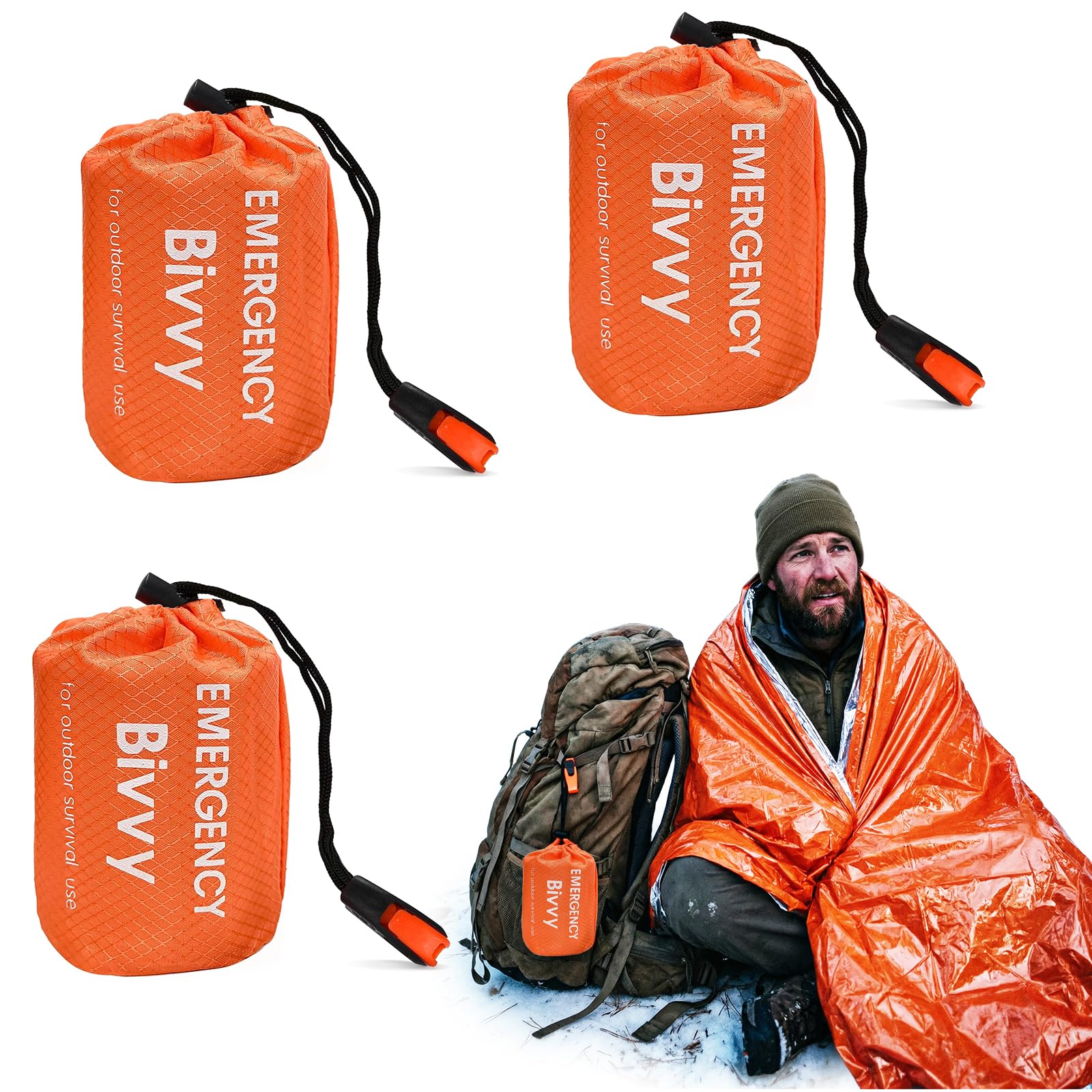Sacco a Pelo di Emergenza, Telo Termico Sopravvivenza, Coperta Termica per Esterni, Coperta di Emergenza Impermeabile, Ultraleggero, Caldo e Resistente al Freddo (Arancione/3 pezzi)