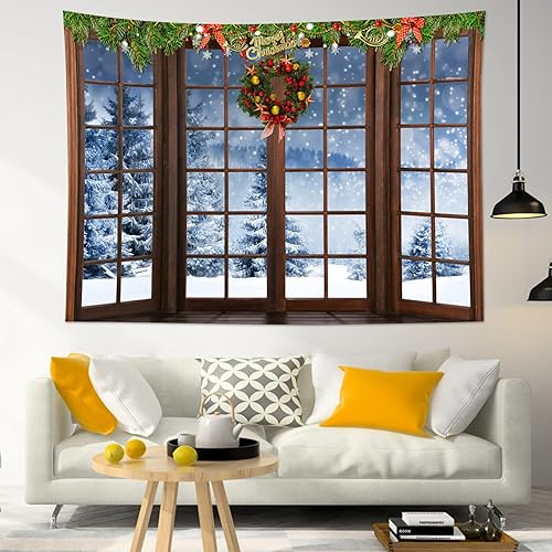 HVEST Tapiz de invierno, bosque de nieve, exteriores, ventanas, tapices para colgar en la pared, bolas rojas de Navidad y corona de Navidad, tapiz disponible en Yaxa Colombia