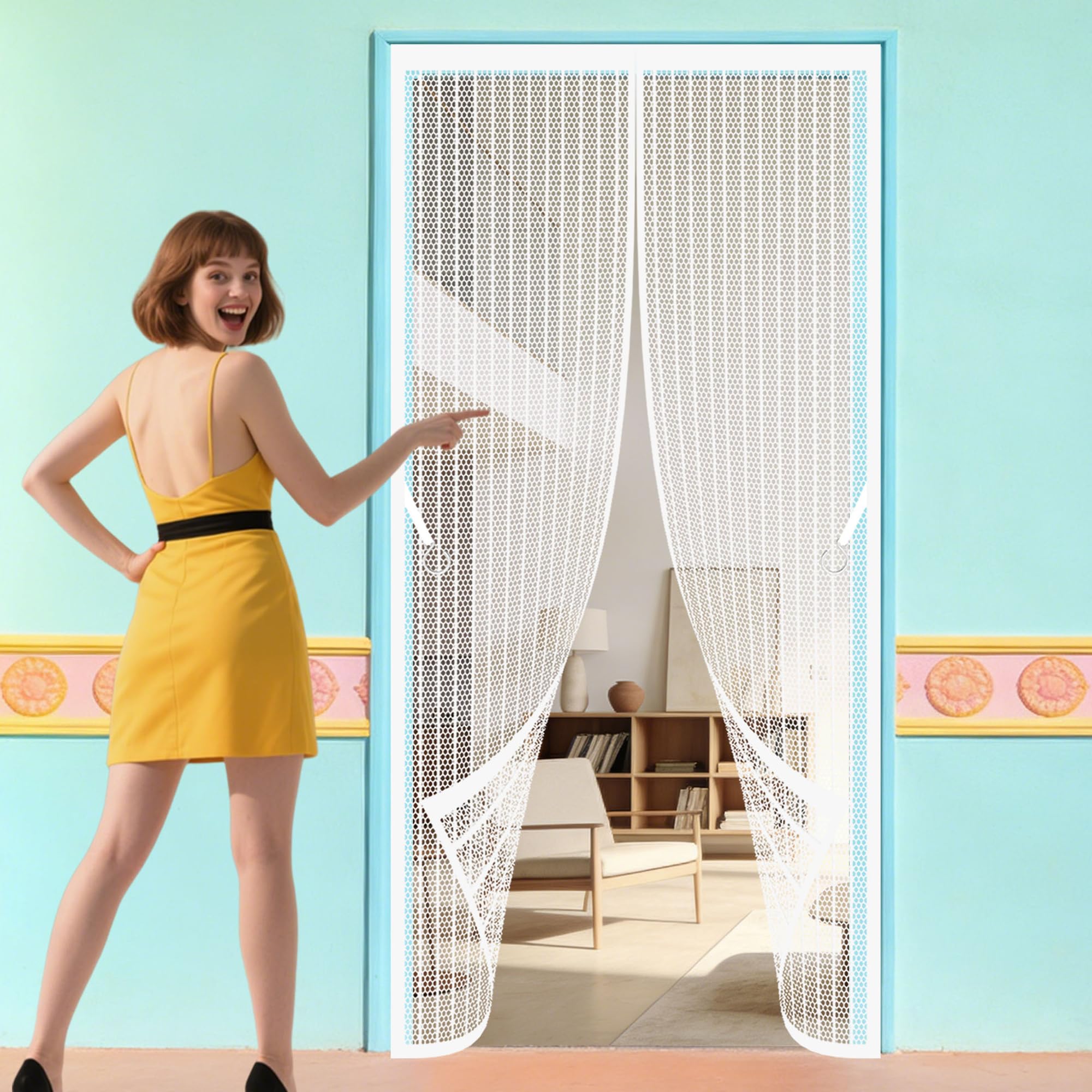 Magnetic Insect Door Screen 121 x 263 cm with Full Length Magnets No Gap Auto Closes Magic Paste Curtains Keeps Flies Mosquitoes Out for Living Room, Bedroom, Patio, White