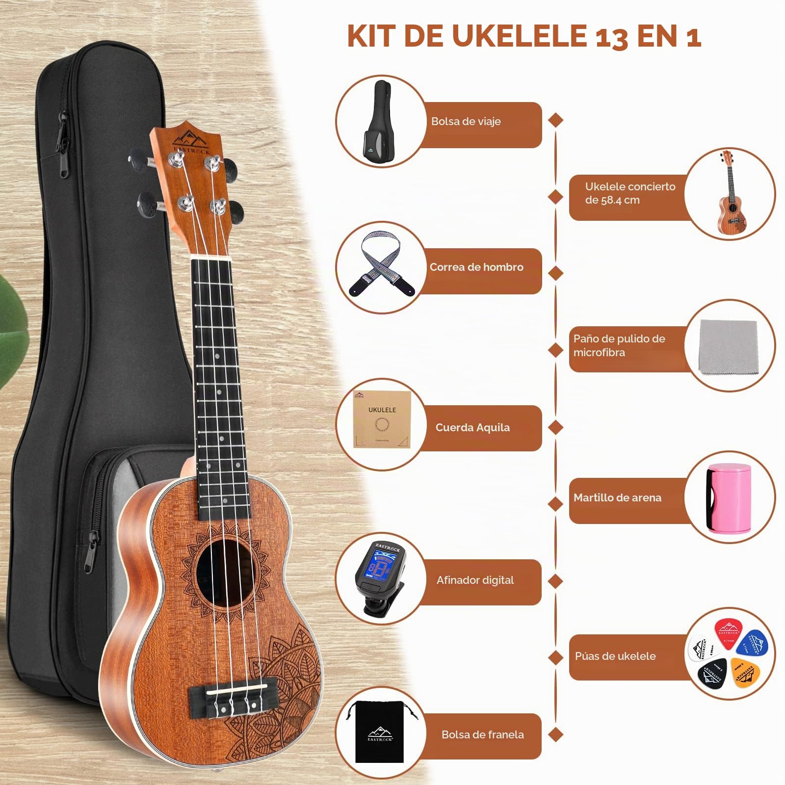 EASTROCK Ukelele soprano para principiantes Kit de ukelele de madera de sapeli de 21 pulgadas con bolsa Thicknen, afinador, correa, hilo de carbono, juego de paño de limpieza