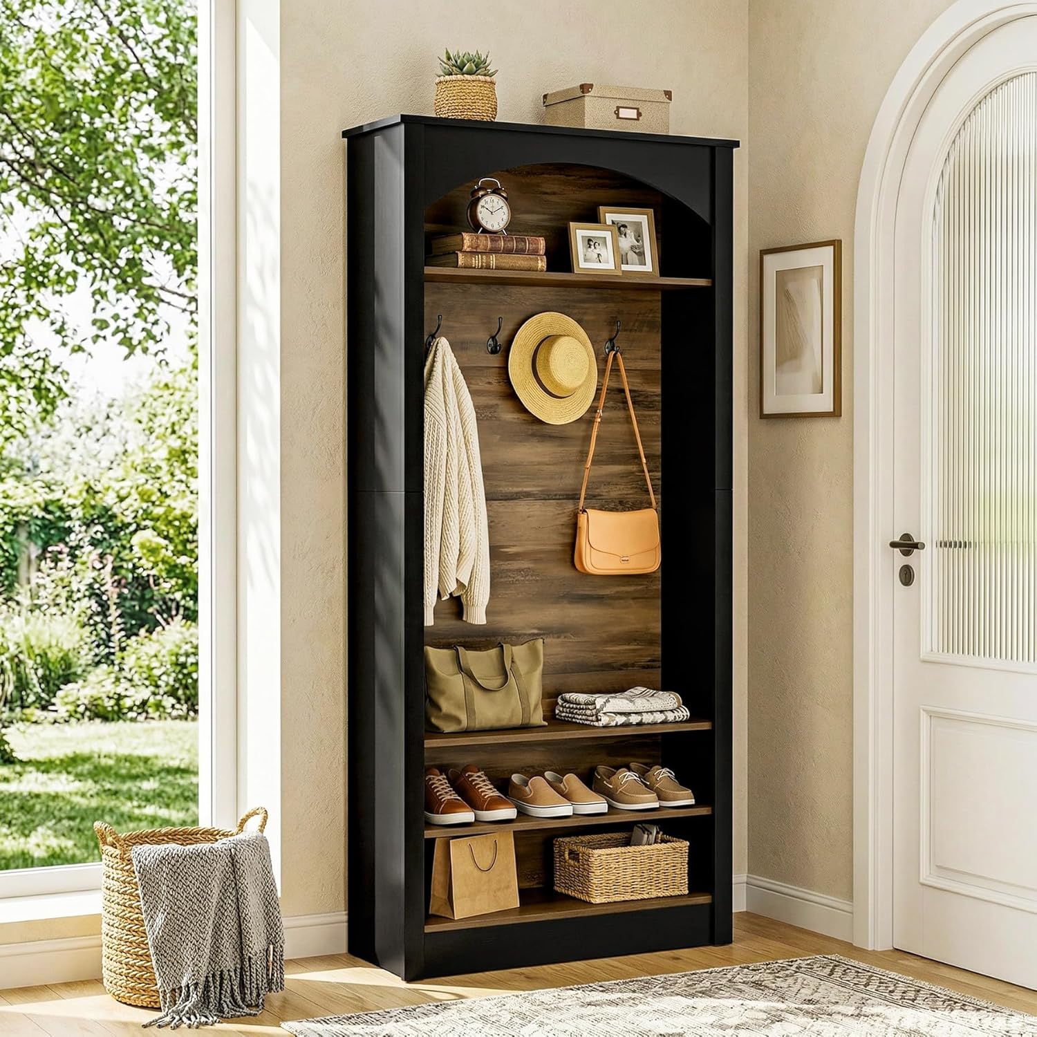 Tribesigns 74.8" Hall Tree with Shoe Storage, 3-Tier Narrow Shoe Rack with Coat Rack, Farmhouse Hall Tree with 4 Double Coat Hooks for Entryway, Hallway, Black and Brown