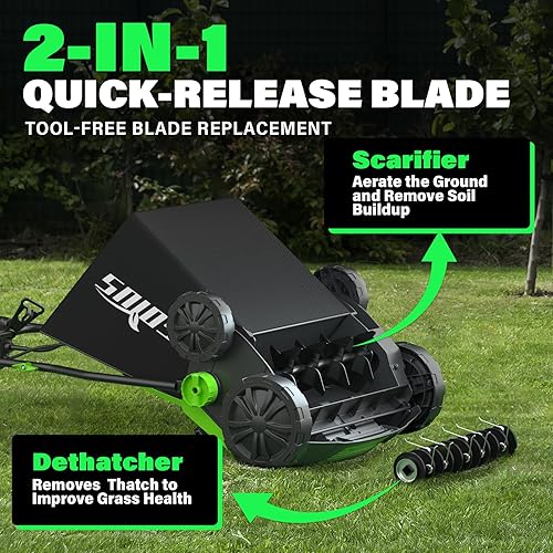 Miniatura 3 de SOYUS Dethatcher eléctrico y escarificador de 15 pulgadas y 13 amperios con bolsa de colección Thath extraíble de 45 L, desthatcher de césped con