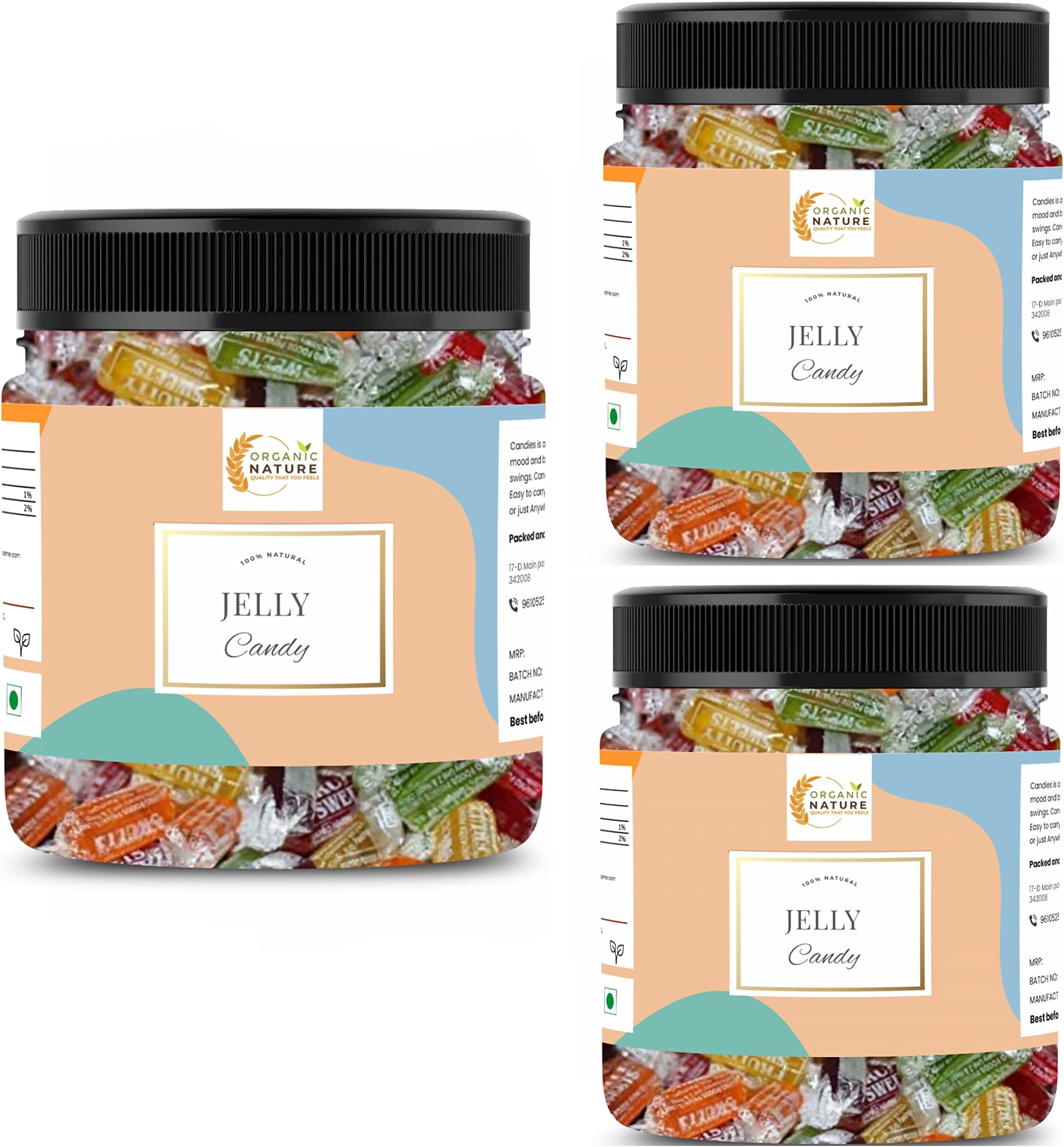 Organic Nature Jelly Candy Chocolate Fruits Flavour Mix Jar Pack 900 Grams Pack of 3