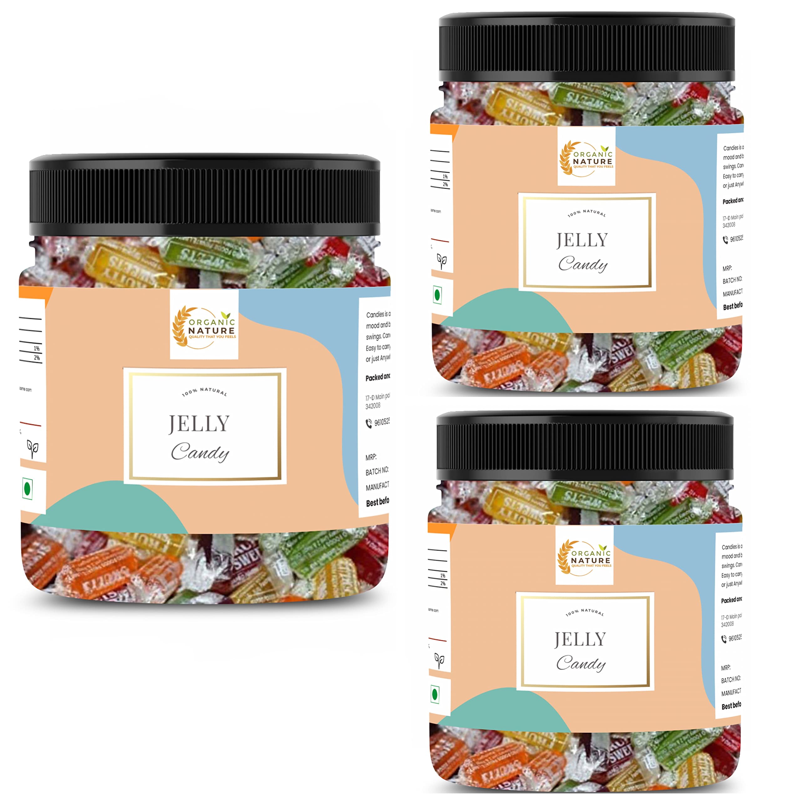 Organic Nature Jelly Candy Chocolate Fruits Flavour Mix Flavours Jar Pack (900 Grams (Pack of 3 of 300 Grams))