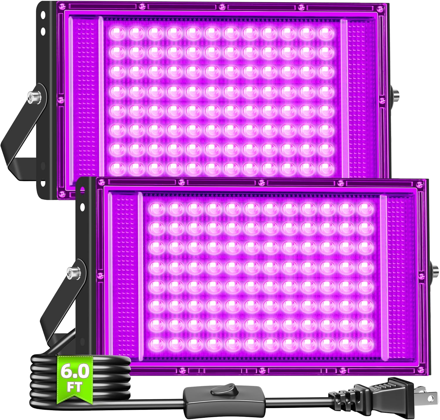 100W 2 Pack Black Light IP66 Waterproof with Switch + Plug + 6FT Cord, Outdoor LED Blacklights for Neon Glow Party, Body Paint, Fluorescent Party, Stage, Halloween