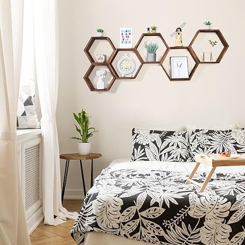 Miniatura 6 de Maitys Juego de 8 estantes flotantes hexagonales para pared de panal de abeja, para colgar en la pared, estantes rústicos para baño, cocina,