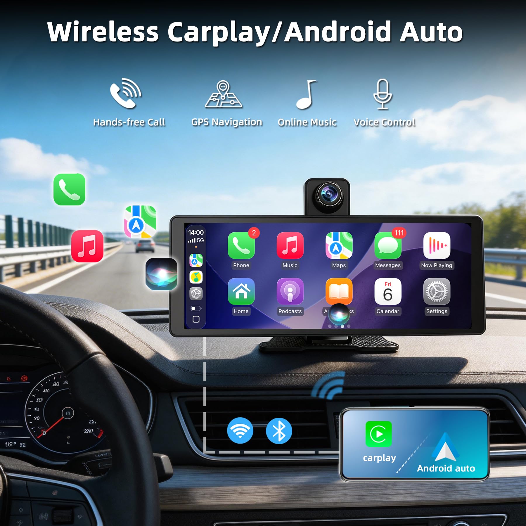 10.26" Wireless Carplay & Android Auto Screen for Car - Portable Car Stereo with 1080P Adjustable Dash Cam Front | Mirror Link | FM Transmitter/AUX | Plug & Play (10.26, Inches) — view 2