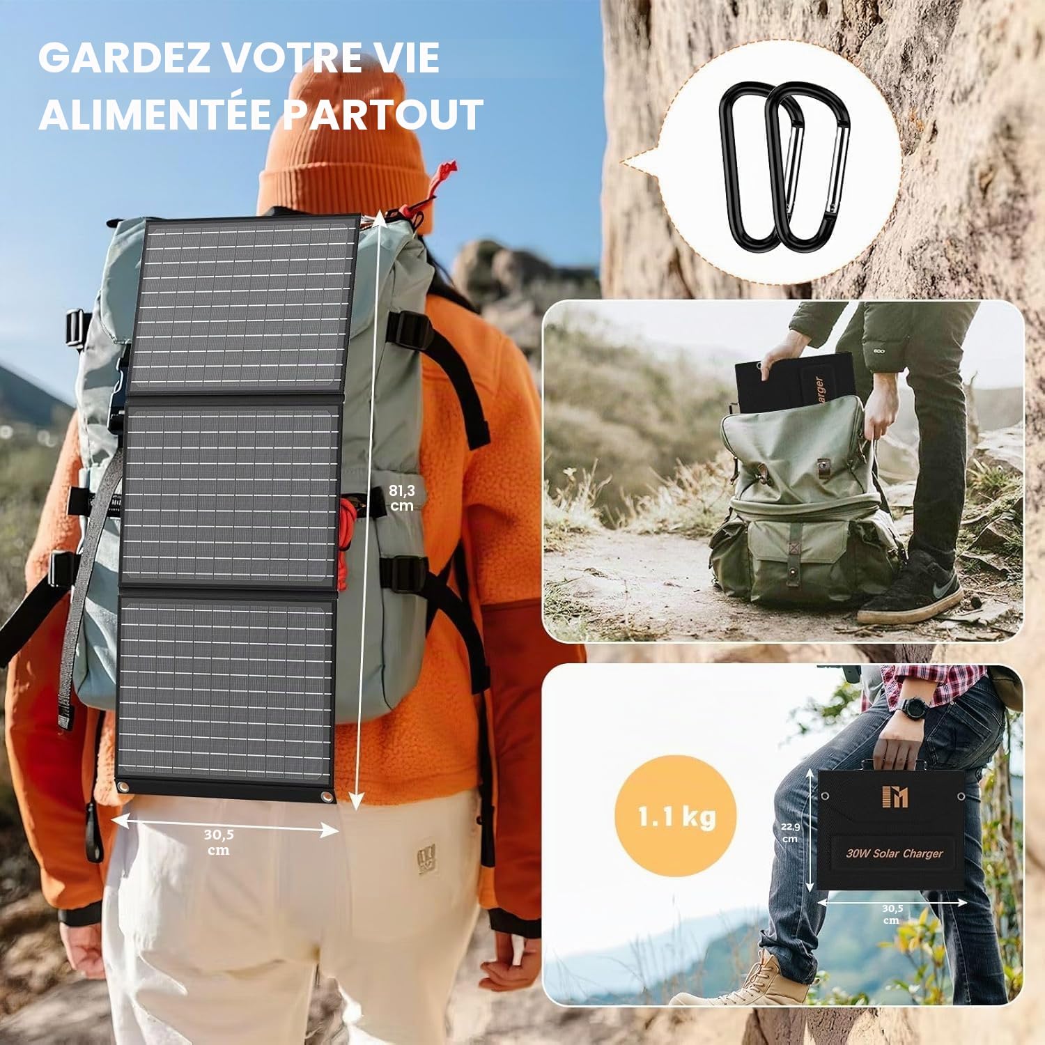 30W Chargeurs Solaires Portable avec 5 Ports, 18V MC4 Haute Sortie / 18V DC/QC 3.0 USB-A et USB-C (PD 18W) Chargeur Solaire Randonnée pour Téléphones Portables, Powerbank, Camping