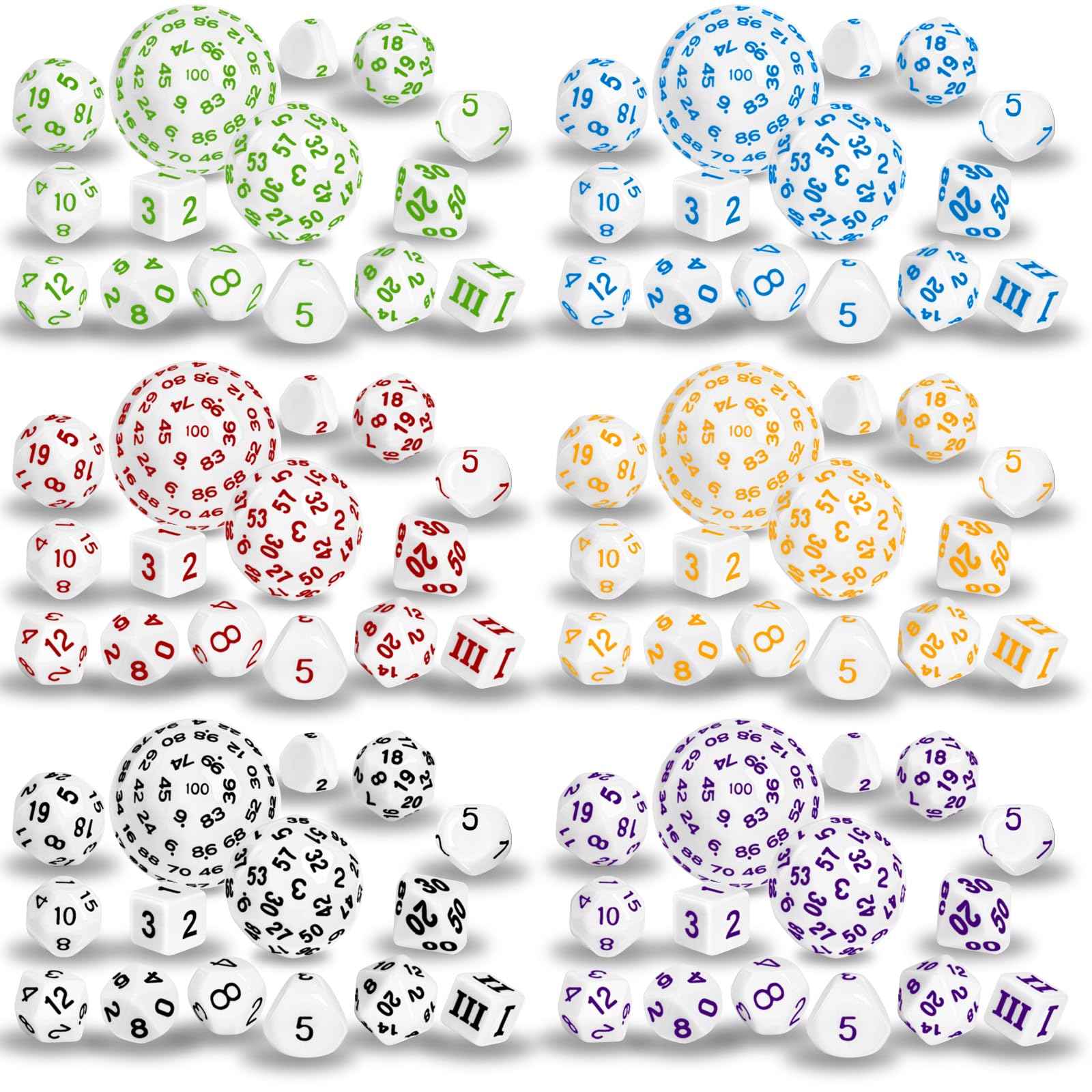 IvyFieldDice 6 Sets Complete Polyhedral Dice Set D3-D100 (15 pcs) for TRPG Tabletop Games (White)