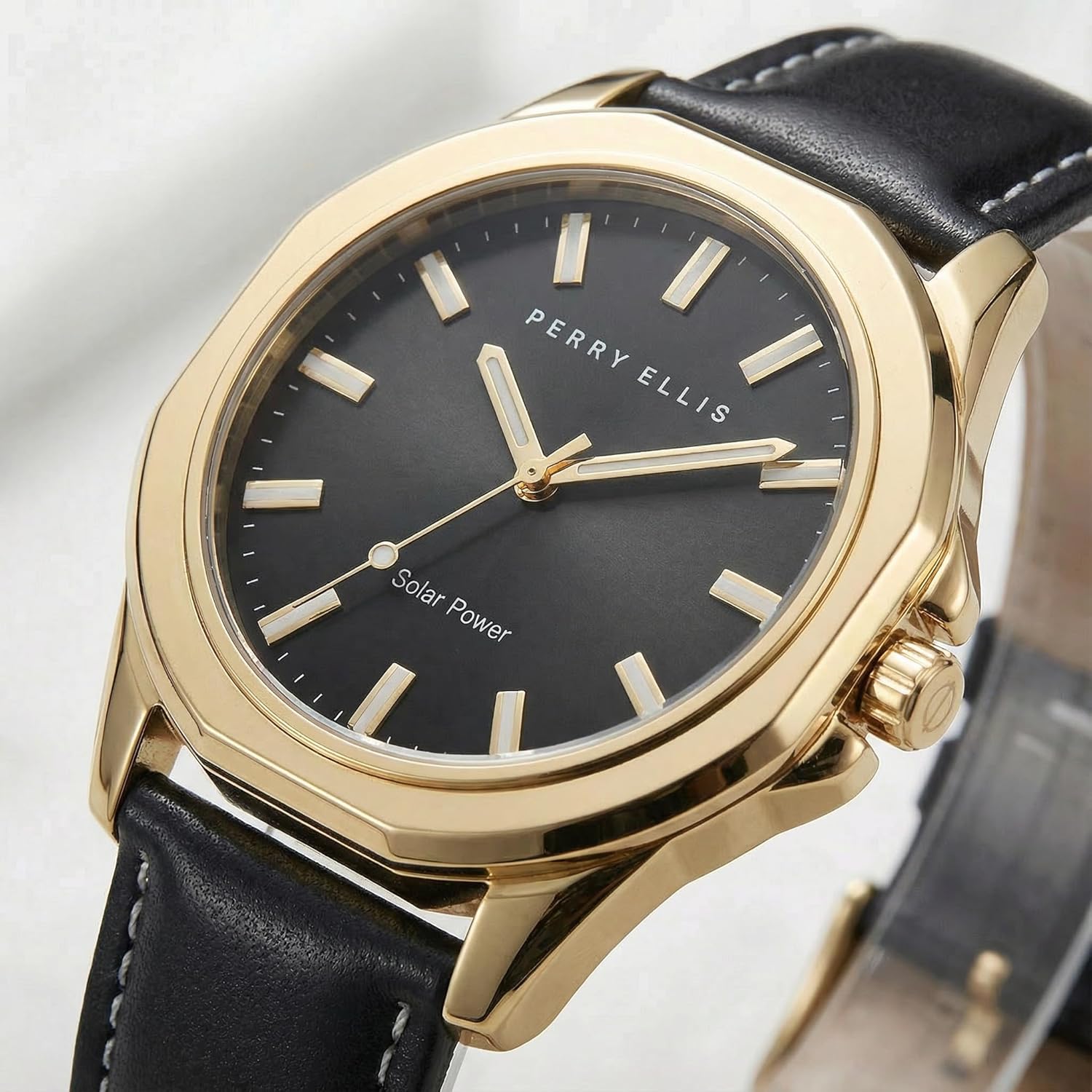 Perry Ellis Solar Powered Mens Watch | Vegan Leather Water-Resistant Analog Wrist Watches for Men | 42mm Case | Relojes para Hombres | Elegant Gift for Man