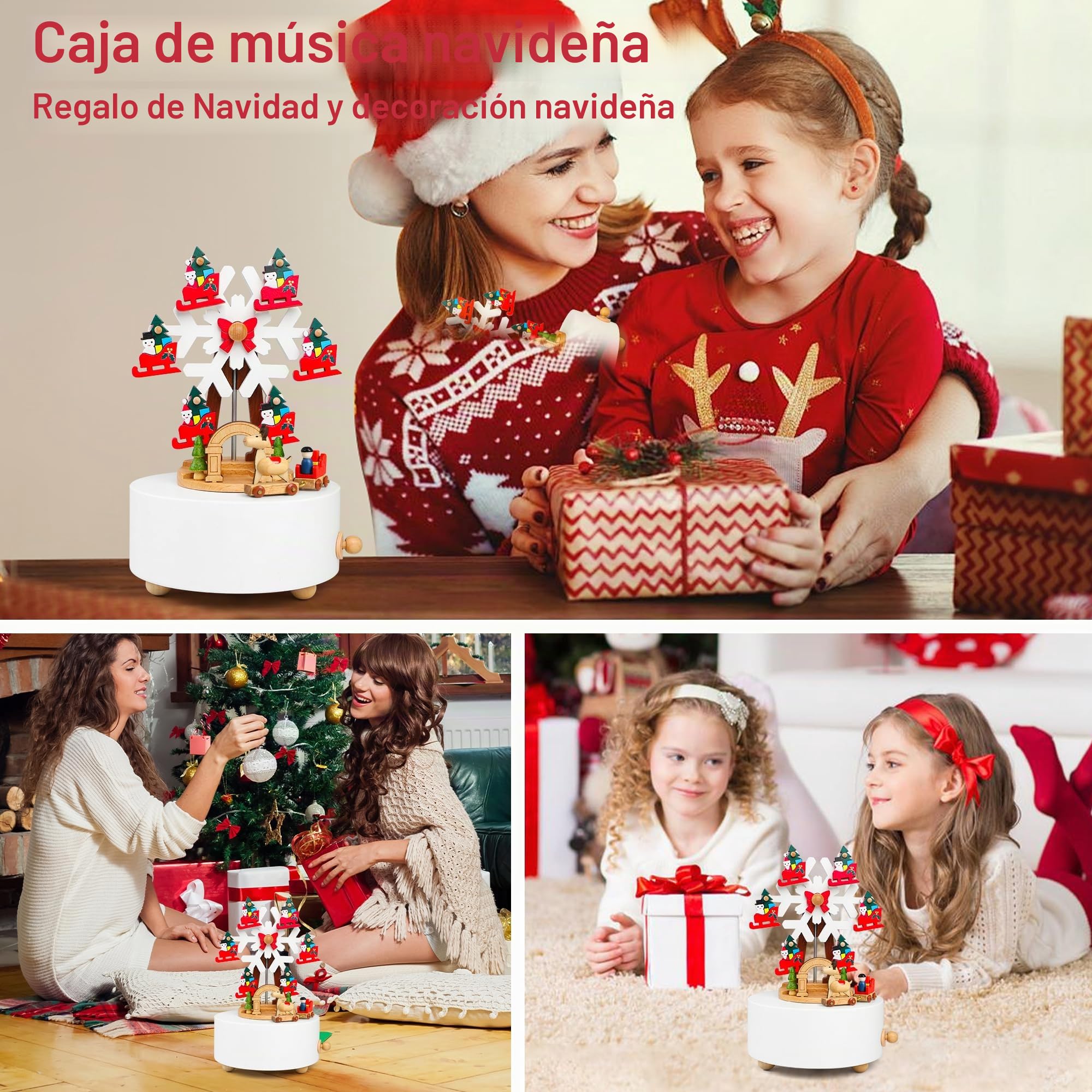LONEEDY Caja de música de madera con diseño de copo de nieve, decoración de alce personalizado para niños y niñas, manualidades de rotación (copos de nieve de Navidad)