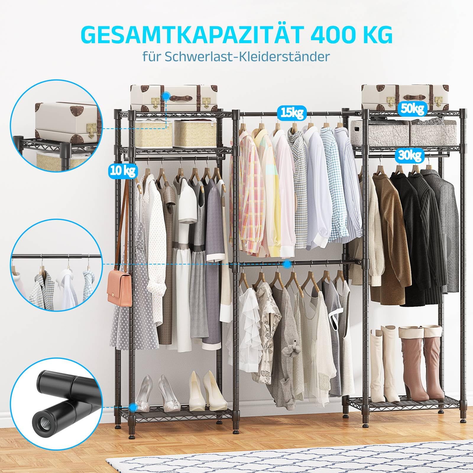 Himimi Teleskopstange Kleiderständer mit 4 Kleiderstangen und 6 Höhenverstellbaren Regalen 1 Haken Teleskop Regalsystem B (182-240) x H180 cm Anpassbar an Unterschiedlichste Räumlichkeiten Schwarz