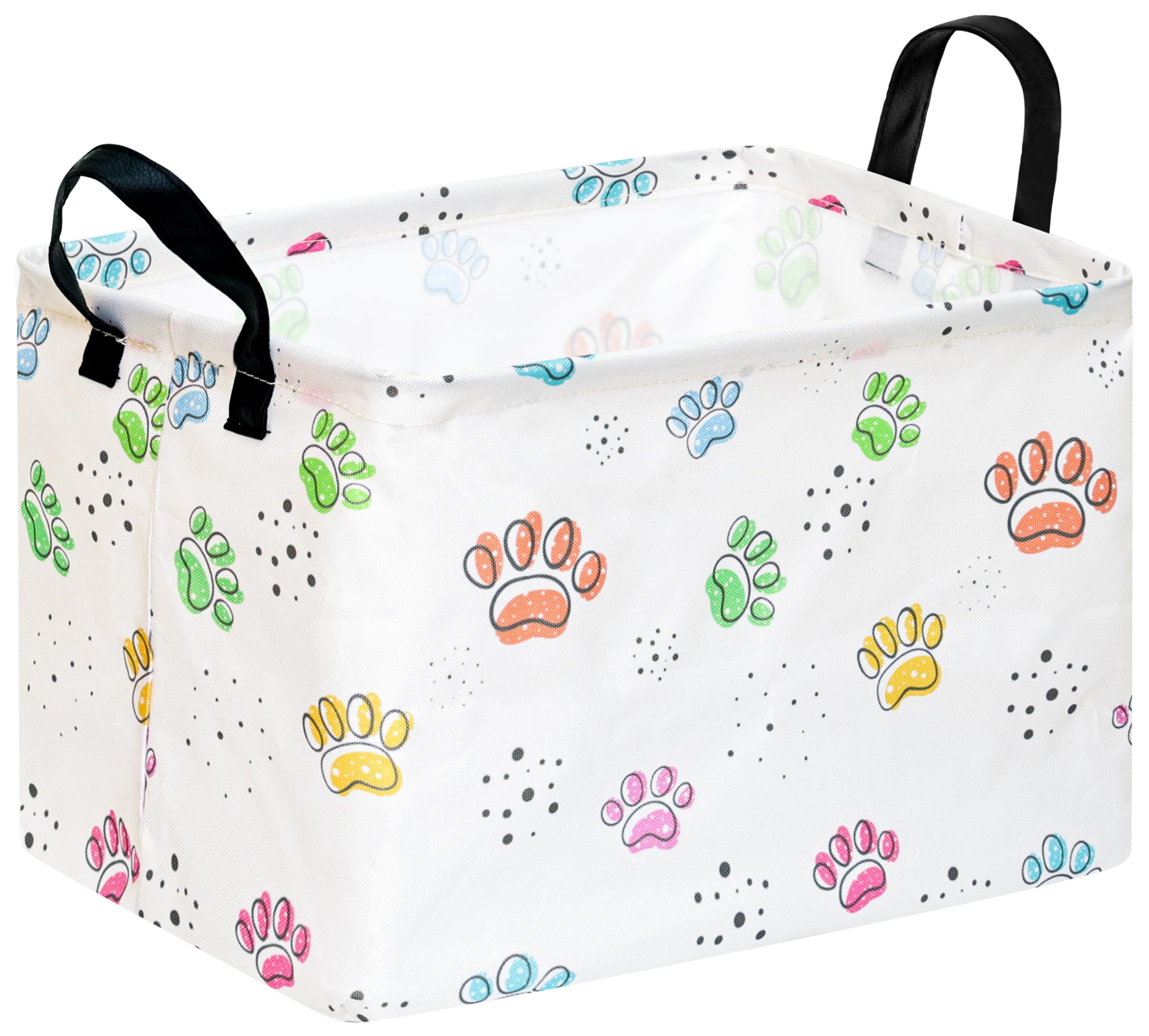 Baby Storage Basket,Colorful Dog Paw Print,Waterproof Lining, Leather Handles, Collapsible for Kids Toys, Pets Supplies, Gift Basket