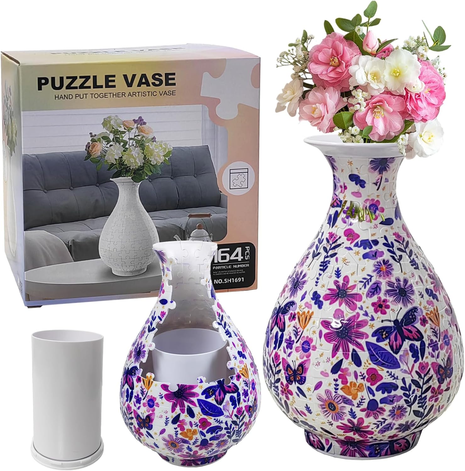 3D Puzzle Vase for Adults to Flower Arrangement and Home Decoration Made by 164 Curved Plastic Puzzle Pieces (Flowers and Butterflies)
