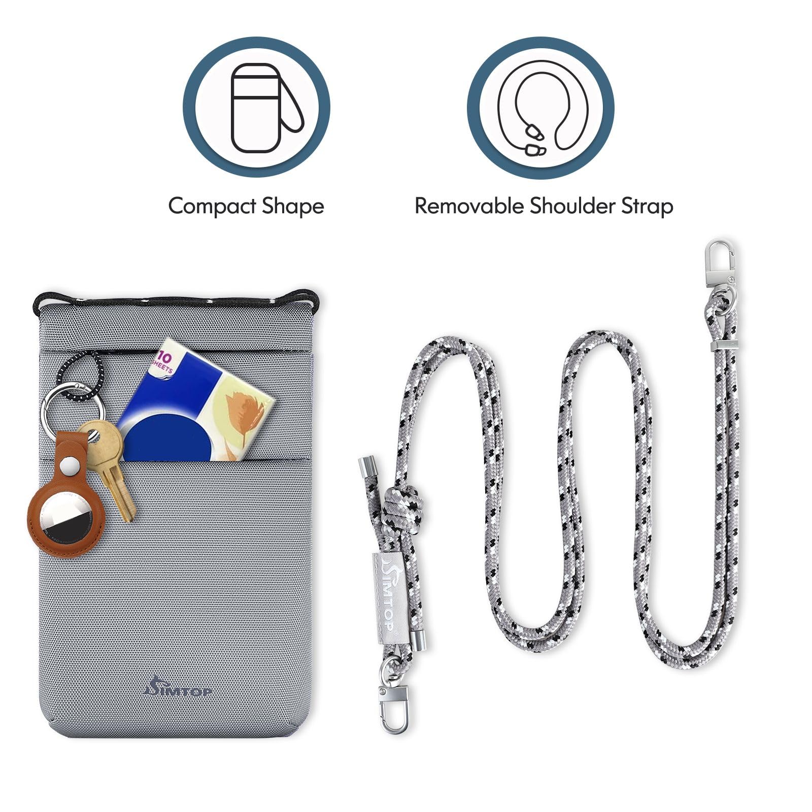 SIMTOP PochetteTour de Cou étanche Avec Protection RFID Pour Homme et Femme,Pochette Pour Smartphone,Téléphone Portable Avec Tour de Cou Pour Passeport,Pièces de Voyage Sac Léger Gris Clair