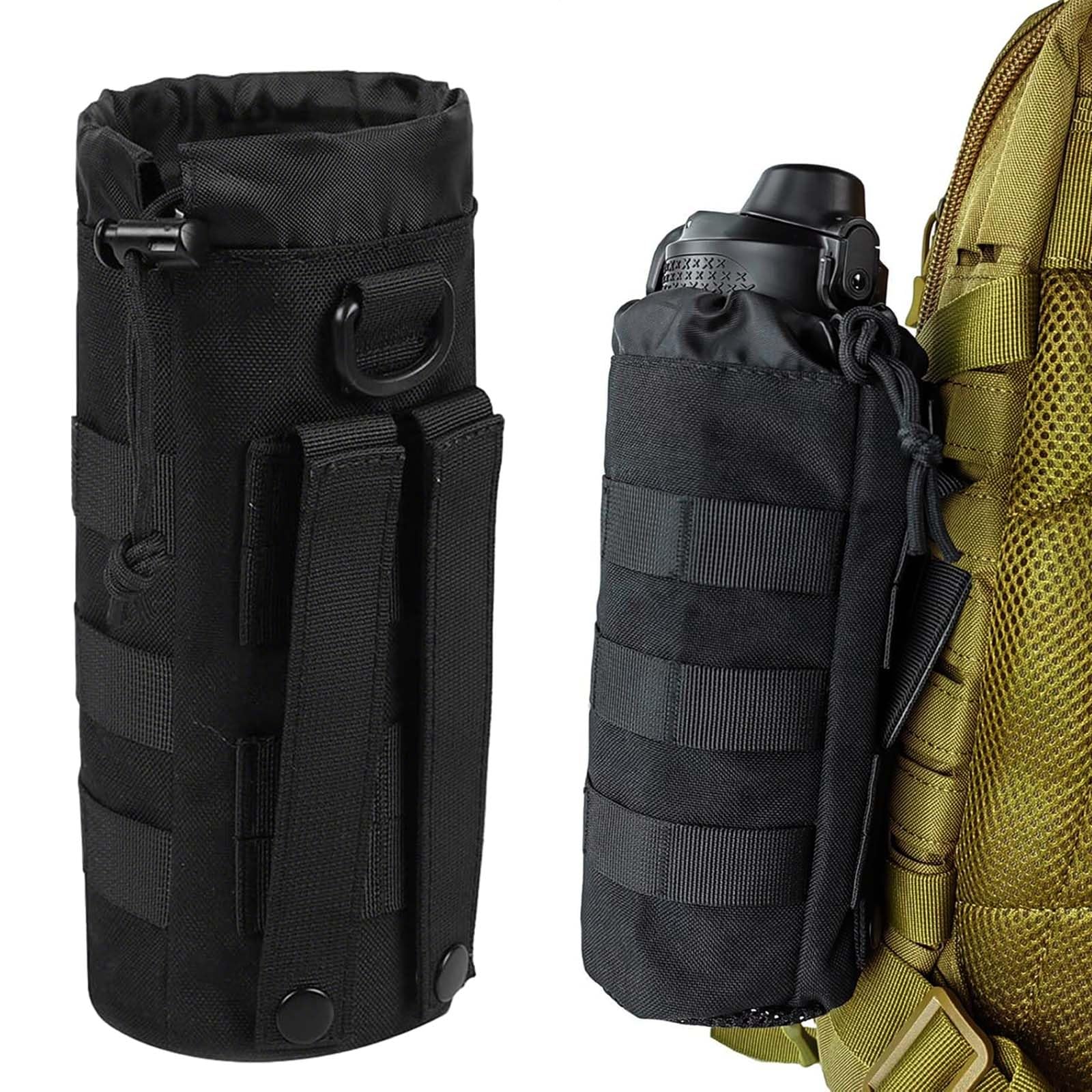 HhBdy Water Bottle Pouch, Molle Pouches Adjustable Bottle Holder Drawstring Closure Molle Pouch Waterproof for Outdoor Hiking Cycling Camping Running and Training (Black)