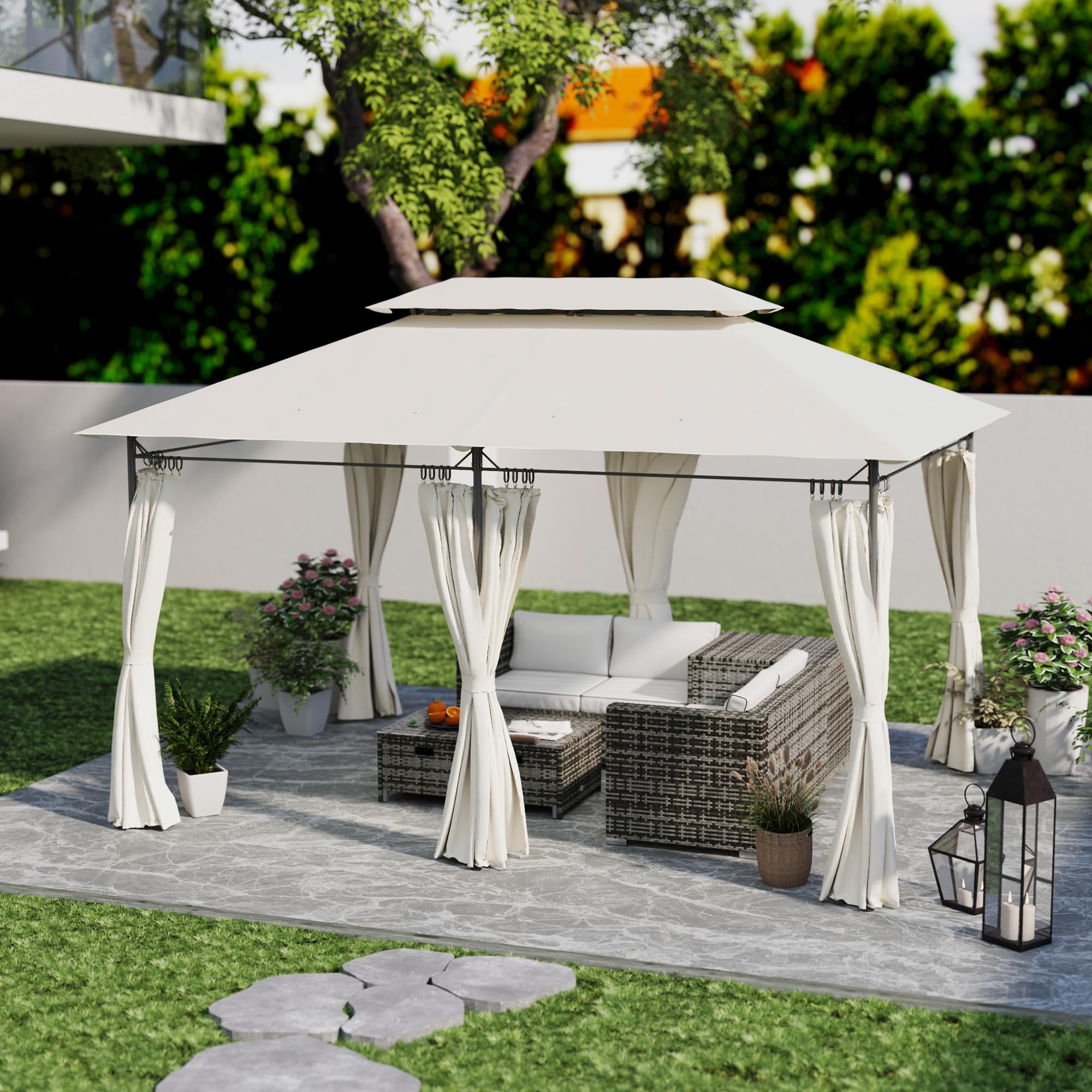 Outsunny Cenador de Jardín 4x3 m, Pabellón de Jardín Gazebo con Doble Techo, 6 Paredes Laterales, Estructura Metálica, Orificios de Drenaje, Carpa para Exterior, Terraza, Patio, Crema