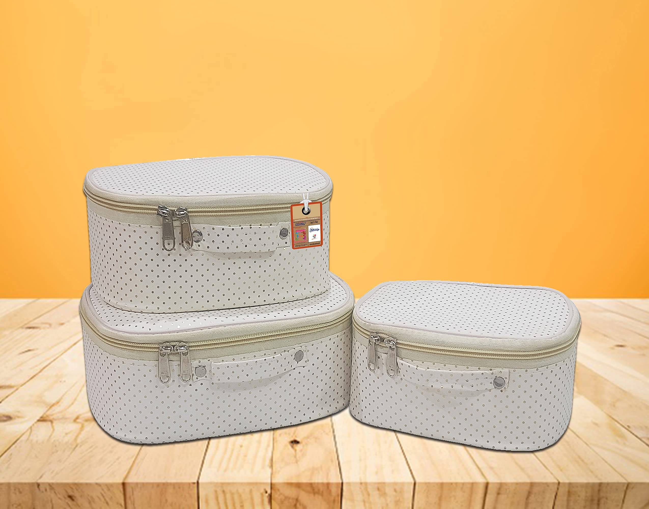 atorakushon Fabric Makeup Storage Box Shaving Travel Vanity Cosmetic Toiletry Organizer Necklace Pouches Ring Earring Tops Studs Jewellery Pouch for Women with 3 Bag Case (Cream) 1