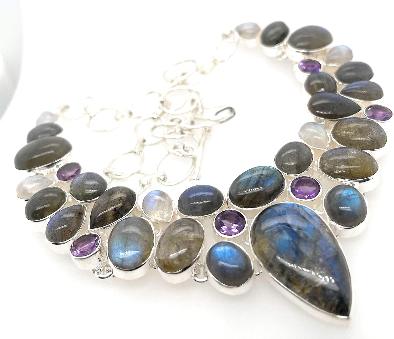 Natural Rainbow Moonstone, Amethyst, Labradorite 925 Solid Sterling Silver Necklace 16"